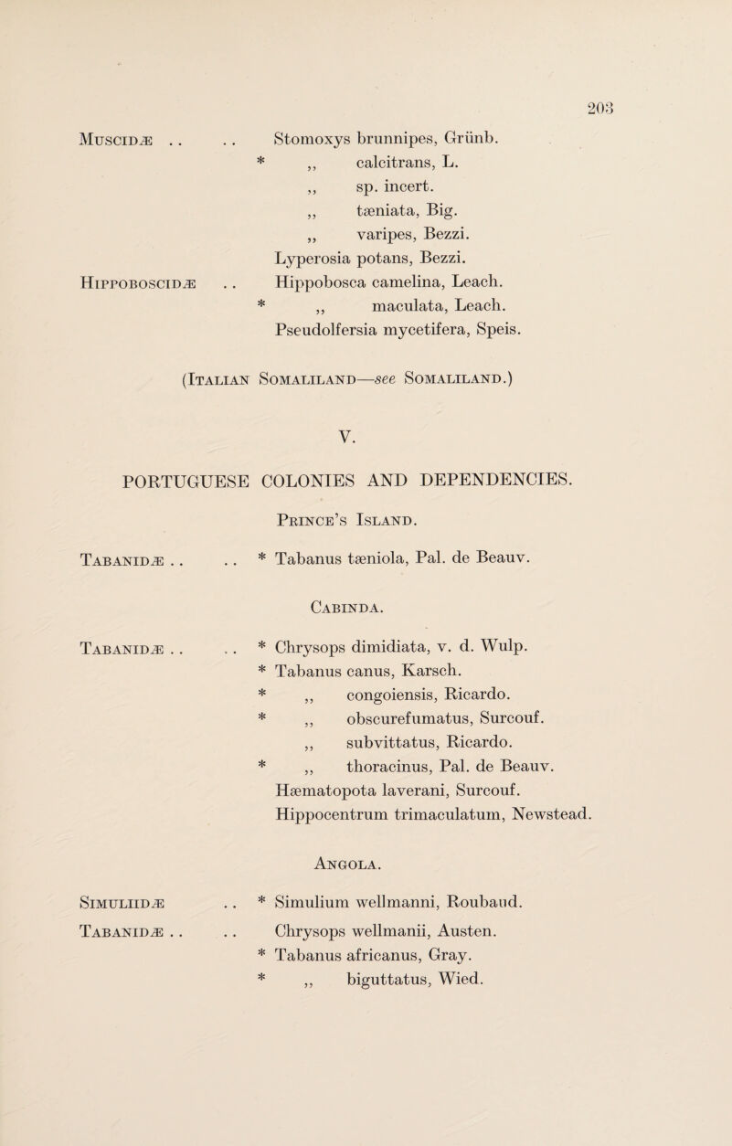 Muscidas .. Hippoboscidje (Italian PORTUGUESE Tabanid^e .. Tabanid^e . . SlMULIIDiE Tabanid^e .. Stomoxys brunnipes, Griinb. * ,, calcitrans, L. „ sp. incert. ,, tseniata, Big. ,, varipes, Bezzi. Lyperosia potans, Bezzi. Hippobosca camelina, Leach. * „ maculata, Leach. Pseudolfersia mycetifera, Speis. Somaliland—see Somaliland.) V. COLONIES AND DEPENDENCIES. Prince’s Island. * Tabanus tseniola, Pal. de Beauv. Cabinda. * Chrysops dimidiata, v. d. Wulp. * Tabanus canus, Karsch. * „ congoiensis, Ricardo. * „ obscurefumatus, Surcouf. „ subvittatus, Ricardo. * „ thoracinus, Pal. de Beauv. Ilsematopota laverani, Surcouf. Hippocentrum trimaculatuin, Newstead. Angola. * Simulium wellmanni, Rouband. Chrysops wellmanii, Austen. * Tabanus africanus, Gray. * „ biguttatus, Wied.