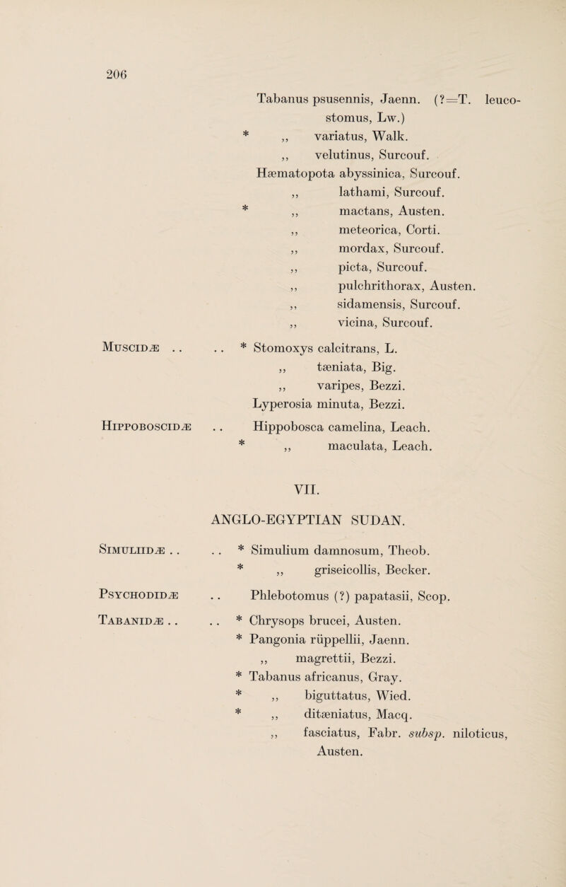 Muscid^e .. Hippoboscid^: SlMULIIDiE . . PSYCHODID^] Tabanid^ . . Tabanus psusennis, Jaenn. (?=T. leuco- stomus, Lw.) * „ variatus, Walk. ,, velutinus, Surcouf. Hsematopota abyssinica, Surcouf. ,, lathami, Surcouf. * ,, mactans, Austen. ,, meteorica, Corti. ,, mordax, Surcouf. ,, picta, Surcouf. ,, pulchrithorax, Austen. ,, sidamensis, Surcouf. ,, vicina, Surcouf. * Stomoxys calcitrans, L. ,, tseniata, Big. „ varipes, Bezzi. Lyperosia minuta, Bezzi. Hippobosca camelina, Leach. * ,, maculata, Leach. VII. ANGLO-EGYPTIAN SUDAN. * Simulium damnosum, Theob. * „ griseicollis, Becker. Phlebotomus (?) papatasii, Scop. * Chrysops brucei, Austen. * Pangonia riippellii, Jaenn. „ magrettii, Bezzi. * Tabanus africanus, Gray. * ,, biguttatus, Wied. * ,, ditgeniatus, Macq. ,, fasciatus, Fabr. subsp. niloticus, Austen.