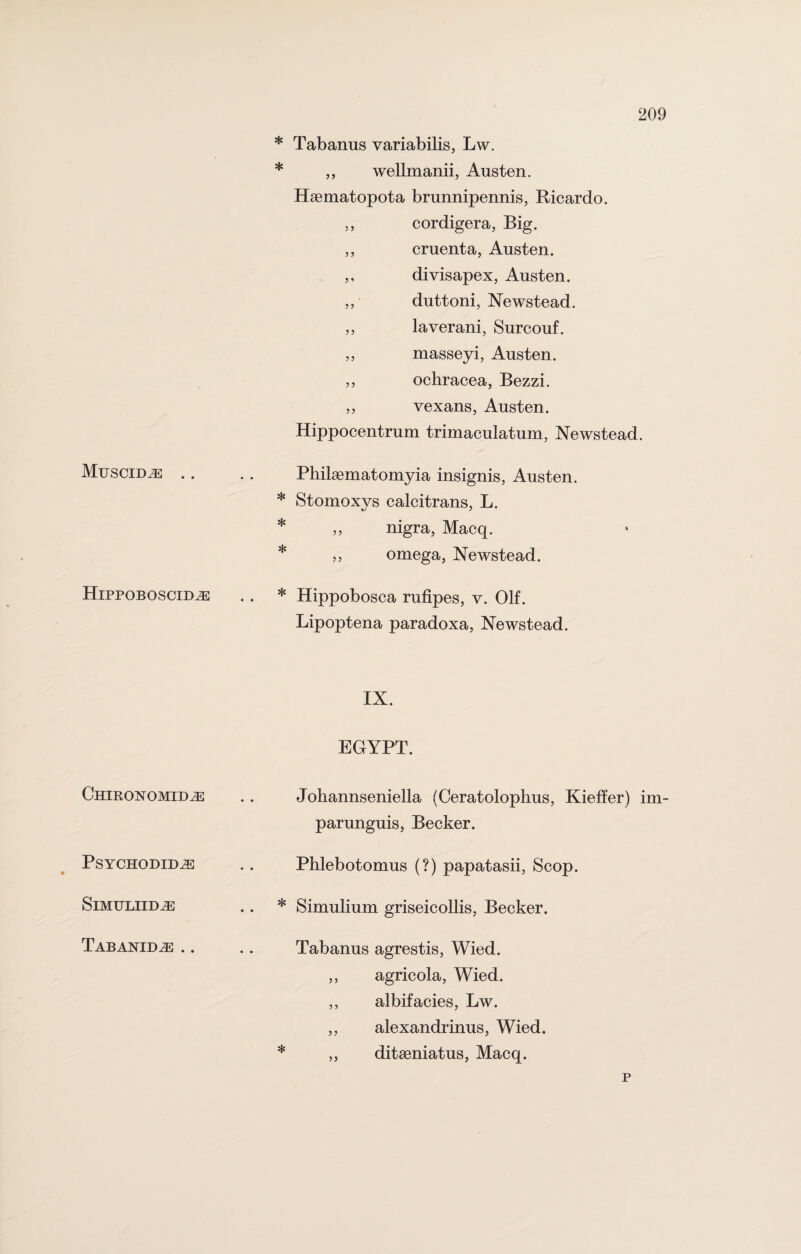 Muscid^ .. Hippoboscid^e Chironomid^ PSYCHODIDiE SlMULIID^E Tabanid^] .. * Tabanus variabilis, Lw. * „ wellmanii, Austen. Hsematopota brunnipennis, Ricardo. ,, cordigera, Big. „ cruenta, Austen. ,, divisapex, Austen. „■ duttoni, Newstead. ,, laverani, Surcouf. „ masseyi, Austen. ,, ochracea, Bezzi. „ vexans, Austen. Hippocentrum trimaculatum, Newstead. Philsematomyia insignis, Austen. * Stomoxys calcitrans, L. * ,, nigra, Macq. * „ omega, Newstead. * Hippobosca rufipes, v. Olf. Lipoptena paradoxa, Newstead. IX. EGYPT. Johannseniella (Ceratolophus, Kieffer) im- parunguis, Becker. Phlebotomus (?) papatasii, Scop. * Simulium griseicollis, Becker. Tabanus agrestis, Wied. ,, agricola, Wied. ,, albifacies, Lw. ,, alexandrinus, Wied. * ,, ditseniatus, Macq. p