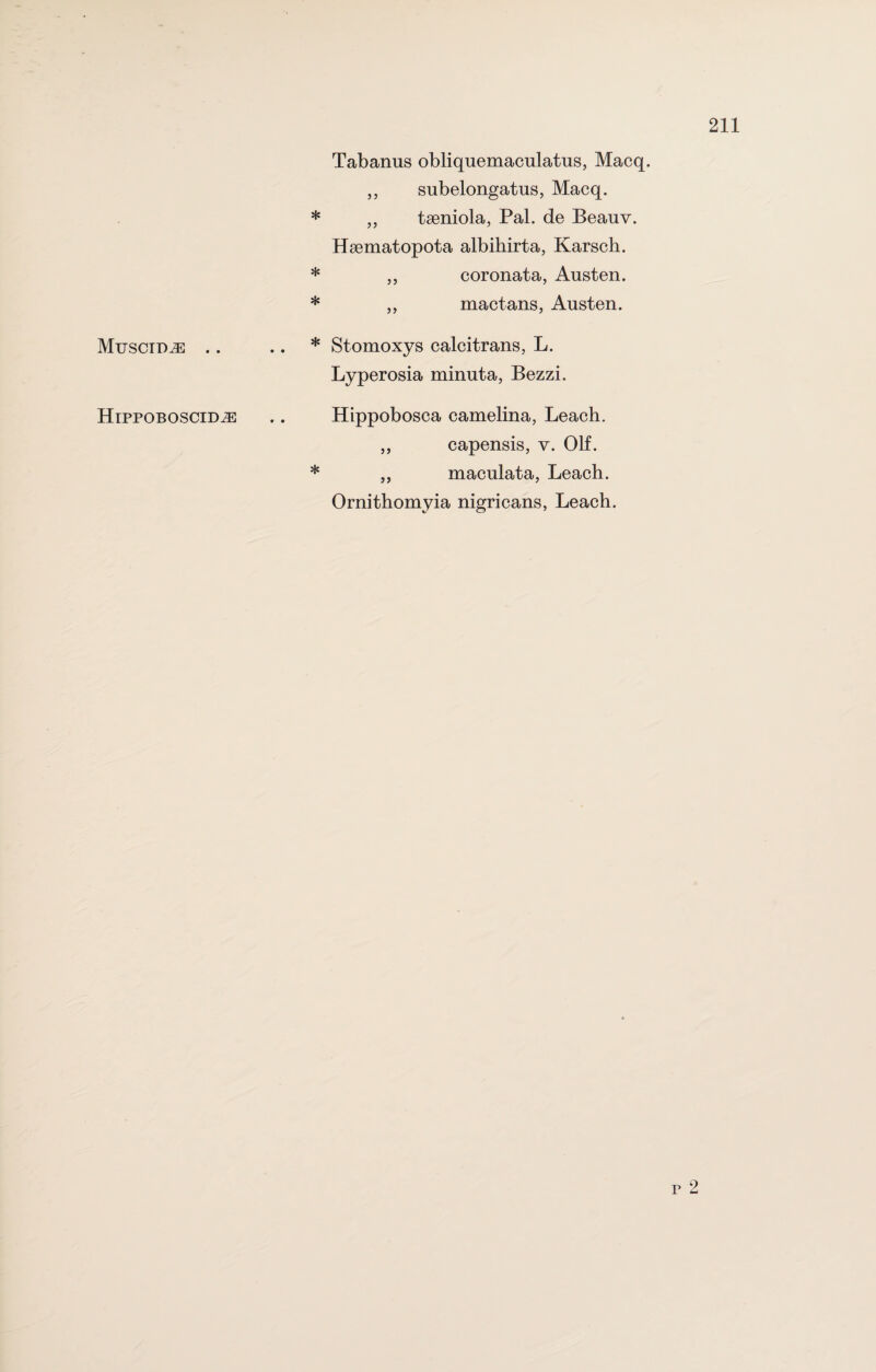 HlPPOBOSCIDiE Tabanus obliquemaculatus, Macq. „ subelongatus, Macq. * „ tseniola, Pal. de Beauv. Hsematopota albihirta, Karsch. * „ coronata, Austen. * „ mactans, Austen. Lyperosia minuta, Bezzi. Hippobosca camelina, Leach. ,, capensis, v. Olf. * „ maculata, Leach. Ornithomyia nigricans, Leach.