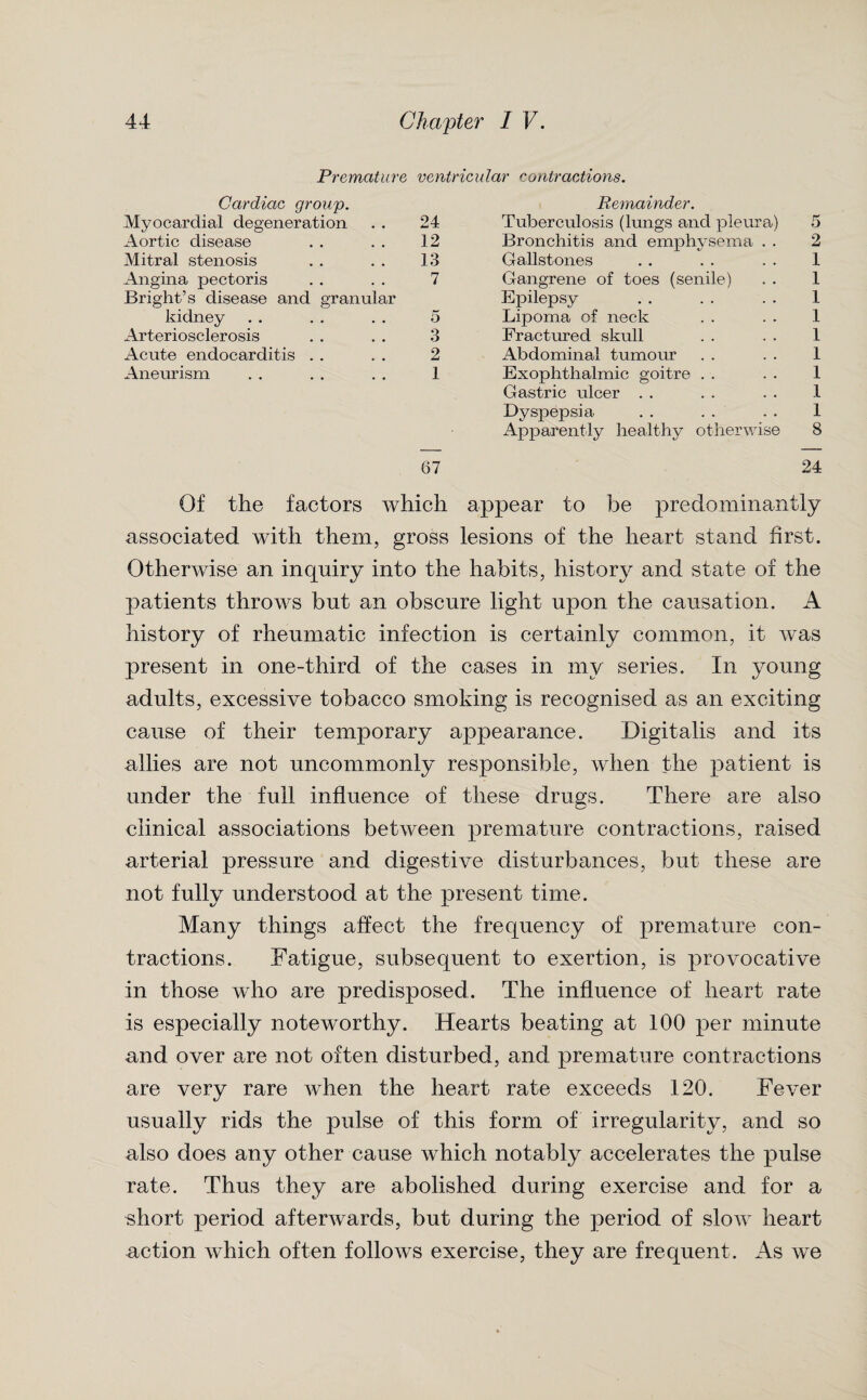 Premature ventricular contractions. Cardiac group. Remainder. Myocardial degeneration 24 Tuberculosis (lungs and pleura) 5 Aortic disease 12 Bronchitis and emphysema . . 2 Mitral stenosis 13 Gallstones 1 Angina pectoris 7 Gangrene of toes (senile) 1 Bright’s disease and granular Epilepsy 1 kidney 5 Lipoma of neck 1 Arteriosclerosis 3 Fractured skull 1 Acute endocarditis 2 Abdominal tumour 1 Aneurism 1 Exophthalmic goitre 1 Gastric ulcer 1 Dyspepsia 1 Apparently healthy otherwise 8 67 24 Of the factors which appear to be predominantly associated with them, gross lesions of the heart stand first. Otherwise an inquiry into the habits, history and state of the patients throws but an obscure light upon the causation. A history of rheumatic infection is certainly common, it was present in one-third of the cases in my series. In young adults, excessive tobacco smoking is recognised as an exciting cause of their temporary appearance. Digitalis and its allies are not uncommonly responsible, when the patient is under the full influence of these drugs. There are also clinical associations between premature contractions, raised arterial pressure and digestive disturbances, but these are not fully understood at the present time. Many things affect the frequency of premature con¬ tractions. Fatigue, subsequent to exertion, is provocative in those who are predisposed. The influence of heart rate is especially noteworthy. Hearts beating at 100 per minute and over are not often disturbed, and premature contractions are very rare when the heart rate exceeds 120. Fever usually rids the pulse of this form of irregularity, and so also does any other cause which notably accelerates the pulse rate. Thus they are abolished during exercise and for a short period afterwards, but during the period of slow heart action which often follows exercise, they are frequent. As we