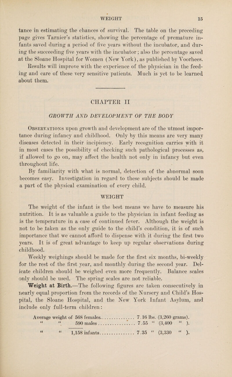 tance in estimating the chances of survival. The table on the preceding page gives Tarnier’s statistics, showing the percentage of premature in¬ fants saved during a period of live years without the incubator, and dur¬ ing the succeeding live years with the incubator; also the percentage saved at the Sloane Hospital for Women (Hew York), as published by Yoorhees. Results will improve with the experience of the physician in the feed¬ ing and care of these very sensitive patients. Much is yet to be learned about them. CHAPTER II GROWTH AND DEVELOPMENT OF THE BODY Observations upon growth and development are of the utmost impor¬ tance during infancy and childhood. Only by this means are very many diseases detected in their incipiency. Early recognition carries with it in most cases the possibility of checking such pathological processes as, if allowed to go on, may affect the health not only in infancy but even throughout life. By familiarity with what is normal, detection of the abnormal soon becomes easy. Investigation in regard to these subjects should be made a part of the physical examination of every child. WEIGHT The weight of the infant is the best means we have to measure his nutrition. It is as valuable a guide to the physician in infant feeding as is the temperature in a case of continued fever. Although the weight is not to be taken as the only guide to the child’s condition, it is of such importance that we cannot afford to dispense with it during the first two years. It is of great advantage to keep up regular observations during childhood. Weekly weighings should be made for the first six months, bi-weekly for the rest of the first year, and monthly during the second year. Del¬ icate children should be weighed even more frequently. Balance scales only should be used. The spring scales are not reliable. Weight at Birth.— The following figures are taken consecutively in nearly equal proportion from the records of the Nursery and Child’s Hos¬ pital, the Sloane Hospital, and the Hew York Infant Asylum, and include only full-term children: Average weight of 568 females. 7.16 lbs. (3,260 grams). “ “ 590 males. 7.55 “ (3,400 “ ). “ “ 1,158 infants. 7.35 “ (3,330 “ ).