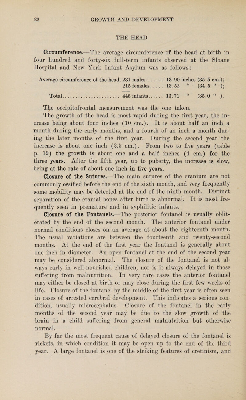 THE HEAD Circumference.—The average circumference of the head at birth in four hundred and forty-six full-term infants observed at the Sloane Hospital and New York Infant Asylum was as follows: Average circumference of the head, 231 males....... 13.90 inches (35.5 cm.); 215 females. 13.52 “ (34.5 “ ); Total. 446 infants. 13.71 “ (35.0 “ ). The occipitofrontal measurement was the one taken. The growth of the head is most rapid during the first year, the in¬ crease being about four inches (10 cm.). It is about half an inch a month during the early months, and a fourth of an inch a month dur¬ ing the later months of the first year. During the second year the increase is about one inch (2.5 cm.). From two to five years (table p. 19) the growth is about one and a half inches (4 cm.) for the three years. After the fifth year, up to puberty, the increase is slow, being at the rate of about one inch in five years. Closure of the Sutures.—The main sutures of the cranium are not commonly ossified before the end of the sixth month, and very frequently some mobility may be detected at the end of the ninth month. Distinct separation of the cranial bones after birth is abnormal. It is most fre¬ quently seen in premature and in syphilitic infants. Closure of the Fontanels.—The posterior fontanel is usually oblit¬ erated by the end of the second month. The anterior fontanel under normal conditions closes on an average at about the eighteenth month. The usual variations are between the fourteenth and twenty-second months. At the end of the first year the fontanel is generally about one inch in diameter. An open fontanel at the end of the second year may be considered abnormal. The closure of the fontanel is not al¬ ways early in well-nourished children, nor is it always delayed in those suffering from malnutrition. In very rare cases the anterior fontanel may either be closed at birth or may close during the first few weeks of life. Closure of the fontanel by the middle of the first year is often seen in cases of arrested cerebral development. This indicates a serious con¬ dition, usually microcephalus. Closure of the fontanel in the early months of the second year may be due to the slow growth of the brain in a child suffering from general malnutrition but otherwise normal. By far the most frequent cause of delayed closure of the fontanel is rickets, in which condition it may be open up to the end of the third year. A large fontanel is one of the striking featured of cretinism, and