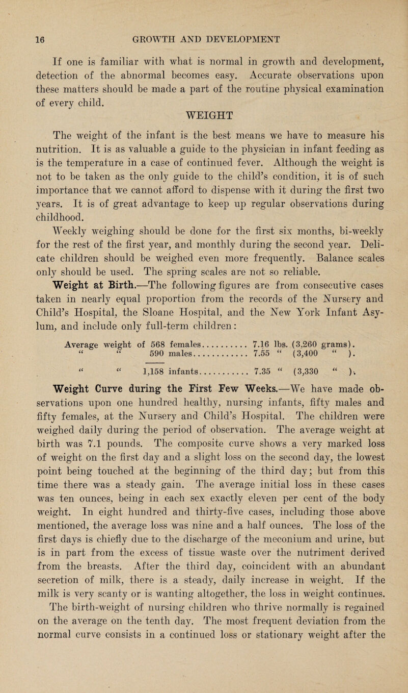 If one is familiar with what is normal in growth and development, detection of the abnormal becomes easy. Accurate observations upon these matters should be made a part of the routine physical examination of every child. WEIGHT The weight of the infant is the best means we have to measure his nutrition. It is as valuable a guide to the physician in infant feeding as is the temperature in a case of continued fever. Although the weight is not to be taken as the only guide to the child’s condition, it is of such importance that we cannot afford to dispense with it during the first two years. It is of great advantage to keep up regular observations during childhood. Weekly weighing should be done for the first six months, bi-weekly for the rest of the first year, and monthly during the second year. Deli¬ cate children should be weighed even more frequently. Balance scales only should be used. The spring scales are not so reliable. Weight at Birth.—The following figures are from consecutive cases taken in nearly equal proportion from the records of the Nursery and Child’s Hospital, the Sloane Hospital, and the New York Infant Asy¬ lum, and include only full-term children: Average weight of 568 females. 7.16 lbs. (3.260 grams). “ “ 590 males. 7.55 “ (3,400 “ ). “ “ 1,158 infants. 7.35 “ (3,330 “ ). Weight Curve during the First Few Weeks.—We have made ob¬ servations upon one hundred healthy, nursing infants, fifty males and fifty females, at the Nursery and Child’s Hospital. The children were weighed daily during the period of observation. The average weight at birth was 7.1 pounds. The composite curve shows a very marked loss of weight on the first day and a slight loss on the second day, the lowest point being touched at the beginning of the third day; but from this time there was a steady gain. The average initial loss in these cases was ten ounces, being in each sex exactly eleven per cent of the body weight. In eight hundred and thirty-five cases, including those above mentioned, the average loss was nine and a half ounces. The loss of the first days is chiefly due to the discharge of the meconium and urine, but is in part from the excess of tissue waste over the nutriment derived from the breasts. After the third day, coincident with an abundant secretion of milk, there is a steady, daily increase in weight. If the milk is very scanty or is wanting altogether, the loss in weight continues. The birth-weight of nursing children who thrive normally is regained on the average on the tenth day. The most frequent deviation from the normal curve consists in a continued loss or stationary weight after the