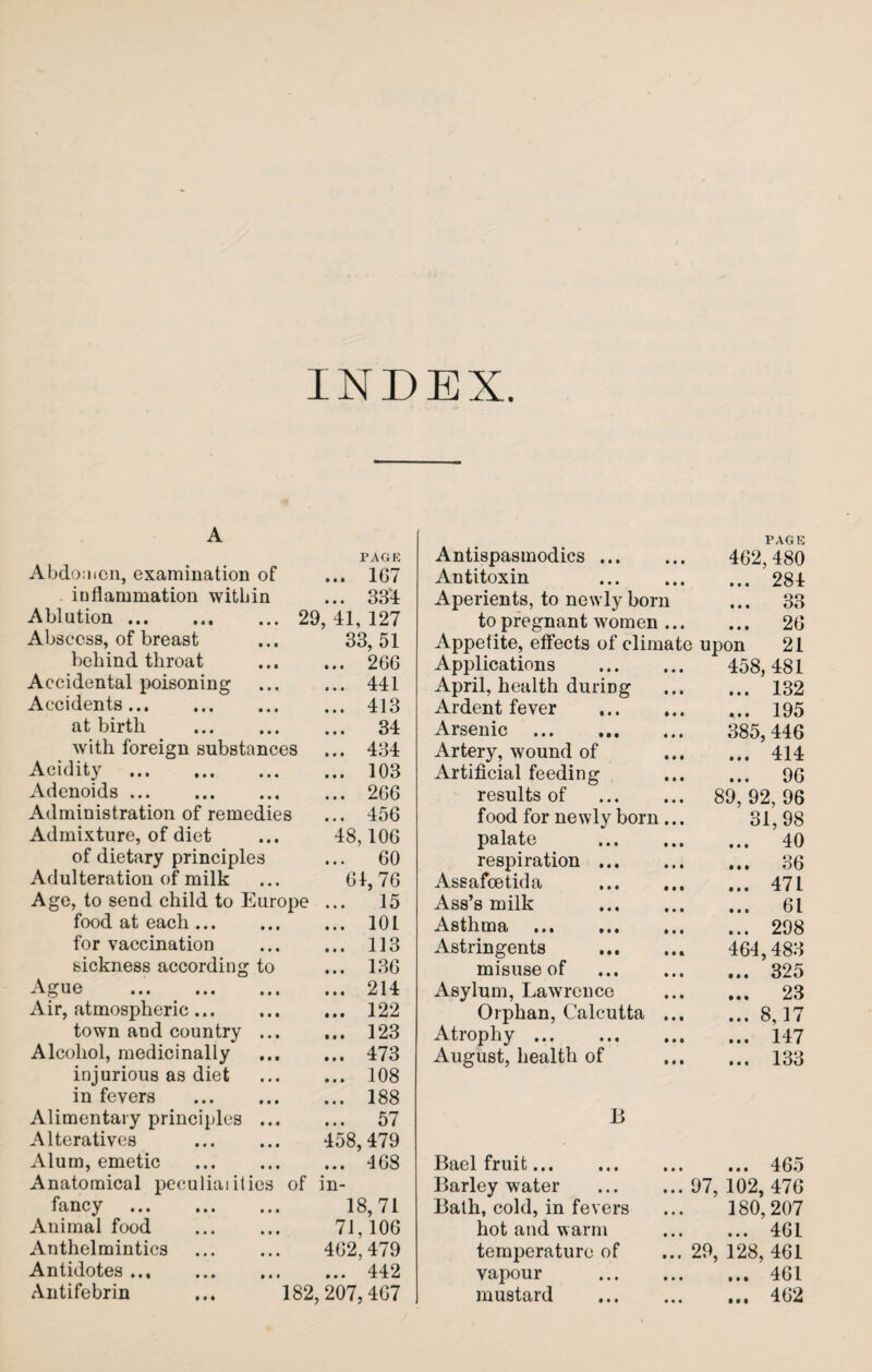 INDEX A PAGE Abdomen, examination of ... 1G7 inflammation witbin ... 331 Ablution.29, 41, 127 Abscess, of breast ... 33,51 behind throat . 266 Accidental poisoning . 441 Accidents.413 at birth . 34 with foreign substances ... 434 Acidity .103 Adenoids.2 66 Administration of remedies ... 456 Admixture, of diet ... 48,106 of dietary principles ... 60 Adulteration of milk ... 61, 76 Age, to send child to Europe ... 15 food at each. 101 for vaccination . 113 sickness according to ... 136 Ague .214 Air, atmospheric. 122 town and country. 123 Alcohol, medicinally . 473 injurious as diet . 108 in fevers . 188 Alimentary principles. 57 Alteratives . 458,479 Alum, emetic .468 Anatomical peculiai itics of in¬ fancy . 18,71 Animal food . 71,106 Anthelmintics . 462,479 Antidotes.442 Antifebrin ... 182,207,467 Antispasmodics. PAGE 462,480 Antitoxin . ... 284 Aperients, to newly born ... 33 to pregnant women ... ... 26 Appetite, effects of climate upon 21 Applications . 458, 481 April, health during ... 132 Ardent fever . ... 195 Arsenic . 385, 446 Artery, wound of ... 414 Artificial feeding ... 96 results of . 89, 92, 96 food for newly born ... 31,98 palate . ... 40 respiration ... ... 36 Assafoetida . ... 471 Ass’s milk . ... 61 Asthma . ... 298 Astringents .. 464,483 misuse of . ... 325 Asylum, Lawrence ... 23 Orphan, Calcutta ... ... 8,17 Atrophy. ... 147 August, health of ... 133 B Bael fruit... ... 465 Barley water . 97, 102, 476 Bath, cold, in fevers 180,207 hot and warm ... 461 temperature of 29, 128, 461 vapour . ... 461 mustard . ... 462