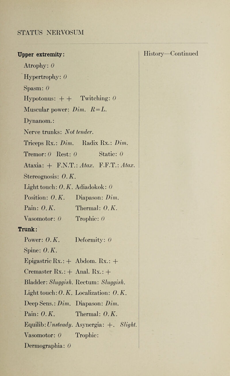 Upper extremity: Atrophy: 0 Hypertrophy: 0 Spasm: 0 Hypotonus: + + Twitching: 0 Muscular power: Dim. R = L. Dynanom.: Nerve trunks: Not tender. Triceps Rx.: Dim. Radix Rx.: Dun. Tremor: 0 Rest: 0 Static: 0 History—Continued Ataxia: + F.N.T.: Atax. F.F.T.: Atax. Stereognosis: O.K. Light touch: O.K. Adiadokok: 0 Position: O.K. Diapason: Dim. Pain: O.K. Thermal: O.K. Vasomotor: 0 Trophic: 0 Trunk: Power: O.K. Deformity: 0 Spine: O.K. Epigastric Rx.: + Abdom. Rx.: + Cremaster Rx.: + Anal. Rx.: -f Bladder: Sluggish. Rectum: Sluggish. Light touch: O.K. Localization: O.K. Deep Sens .'.Dim. Diapason: Dim. Pain: O.K. Thermal: O.K. Equilib: Unsteady. Asynergia: +. Slight. Vasomotor: 0 Trophic: