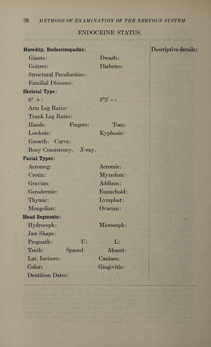 ENDOCRINE STATUS. Giants: Goitres: Structural Peculiarities: Skeletal Type: 6° +: Arm Leg Ratio: Trunk Leg Ratio: Hands: Fingers: Growth: Curve: Bony Consistency. Dwarfs: Diabetes: 5°5'—: Toes: X-ray. Facial Types: Acromeg: Acromic: Cretin: Myxedem: Gravian: Addison: Gerodermic: Eunuchoid: Mongolian: Ovarian: Head Segments: Hydroceph: Microceph: Jaw Shape: Prognath: U: L: Lat. Incisors: Canines: Color: Gingivitis: Dentition Dates:
