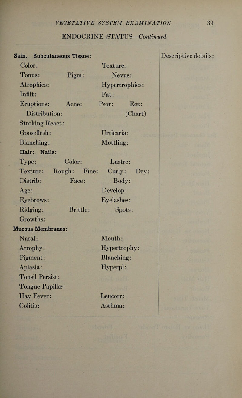 ENDOCRINE STATUS—Continued Tonus: Pigm: Atrophies: Infilt: Eruptions: Acne: Distribution: Stroking React: Gooseflesh: Blanching: Hair: Nails: Type: Color: Texture: Rough: Fine: Distrib: Face: Age: Eyebrows: Ridging: Brittle: Growths: Mucous Membranes: Nasal: Atrophy: Pigment: Aplasia: Tonsil Persist: Tongue Papillae: Hay Fever: Colitis: Nevus: Hypertrophies: Fat: Psor: Ecz: (Chart) Urticaria: Mottling: Lustre: Curly: Dry: Body: Develop: Eyelashes: Spots: Mouth: Hypertrophy: Blanching: Hyper pi: Leucorr: Asthma: