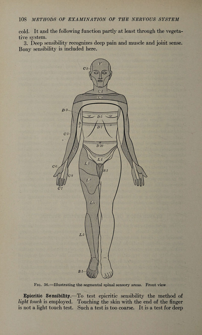 cold. It and the following function partly at least through the vegeta¬ tive system. 3. Deep sensibility recognizes deep pain and muscle and joint sense. Bony sensibility is included here. C2- Fig. 36.—Illustrating the segmental spinal sensory areas. Front view Epicritic Sensibility.—To test epicritic sensibility the method of light touch is employed. Touching the skin with the end of the finger is not a light touch test. Such a test is too coarse. It is a test for deep