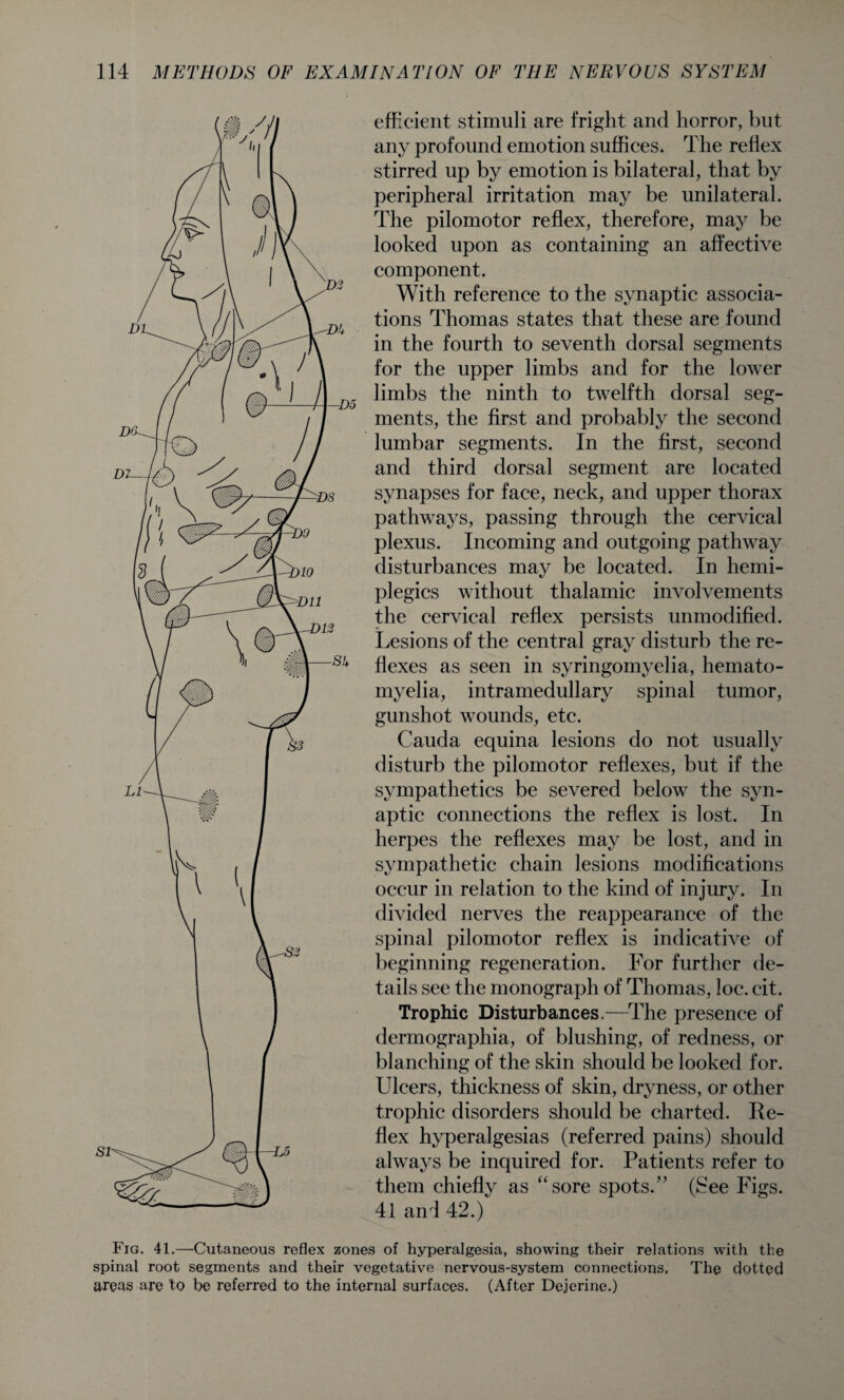 efficient stimuli are fright and horror, but any profound emotion suffices. The reflex stirred up by emotion is bilateral, that by peripheral irritation may be unilateral. The pilomotor reflex, therefore, may be looked upon as containing an affective component. With reference to the synaptic associa¬ tions Thomas states that these are found in the fourth to seventh dorsal segments for the upper limbs and for the lower limbs the ninth to twelfth dorsal seg¬ ments, the first and probably the second lumbar segments. In the first, second and third dorsal segment are located synapses for face, neck, and upper thorax pathways, passing through the cervical plexus. Incoming and outgoing pathway disturbances may be located. In hemi- plegics without thalamic involvements the cervical reflex persists unmodified. Lesions of the central gray disturb the re¬ flexes as seen in syringomyelia, hemato- myelia, intramedullary spinal tumor, gunshot wounds, etc. Cauda equina lesions do not usually disturb the pilomotor reflexes, but if the sympathetics be severed below the syn¬ aptic connections the reflex is lost. In herpes the reflexes may be lost, and in sympathetic chain lesions modifications occur in relation to the kind of injury. In divided nerves the reappearance of the spinal pilomotor reflex is indicative of beginning regeneration. For further de¬ tails see the monograph of Thomas, loc. cit. Trophic Disturbances.—The presence of dermographia, of blushing, of redness, or blanching of the skin should be looked for. Ulcers, thickness of skin, dryness, or other trophic disorders should be charted. Re¬ flex hyperalgesias (referred pains) should always be inquired for. Patients refer to them chiefly as “sore spots.” (See Figs. 41 an4 42.) Fig. 41.—Cutaneous reflex zones of hyperalgesia, showing their relations with the spinal root segments and their vegetative nervous-system connections. The dotted areas are to be referred to the internal surfaces. (After Dejerine.)