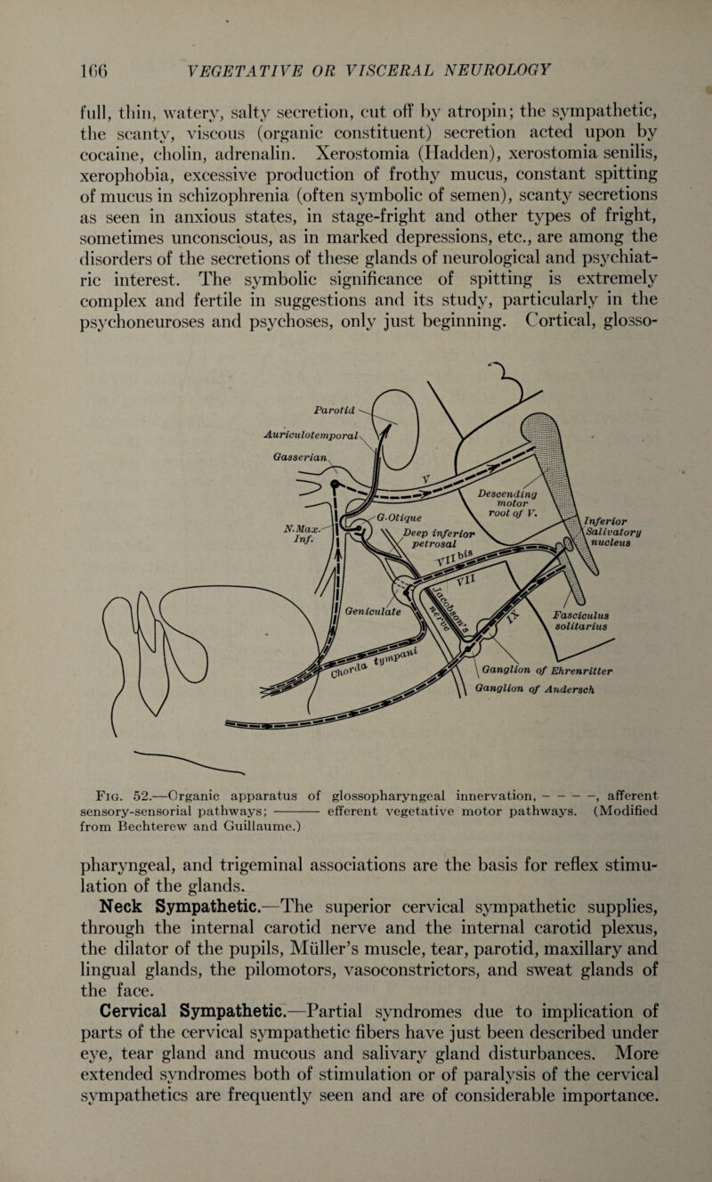 full, thin, watery, salty secretion, cut off by atropin; the sympathetic, the scanty, viscous (organic constituent) secretion acted upon by cocaine, cholin, adrenalin. Xerostomia (Hadden), xerostomia senilis, xerophobia, excessive production of frothy mucus, constant spitting of mucus in schizophrenia (often symbolic of semen), scanty secretions as seen in anxious states, in stage-fright and other types of fright, sometimes unconscious, as in marked depressions, etc., are among the disorders of the secretions of these glands of neurological and psychiat¬ ric interest. The symbolic significance of spitting is extremely complex and fertile in suggestions and its study, particularly in the psychoneuroses and psychoses, only just beginning. Cortical, glosso- Fig. 52.—Organic apparatus of glossopharyngeal innervation, --afferent sensory-sensorial pathways; - efferent vegetative motor pathways. (Modified from Bechterew and Guillaume.) pharyngeal, and trigeminal associations are the basis for reflex stimu¬ lation of the glands. Neck Sympathetic.—The superior cervical sympathetic supplies, through the internal carotid nerve and the internal carotid plexus, the dilator of the pupils, Muller’s muscle, tear, parotid, maxillary and lingual glands, the pilomotors, vasoconstrictors, and sweat glands of the face. Cervical Sympathetic.—Partial syndromes due to implication of parts of the cervical sympathetic fibers have just been described under eye, tear gland and mucous and salivary gland disturbances. More extended syndromes both of stimulation or of paralysis of the cervical sympathetics are frequently seen and are of considerable importance.