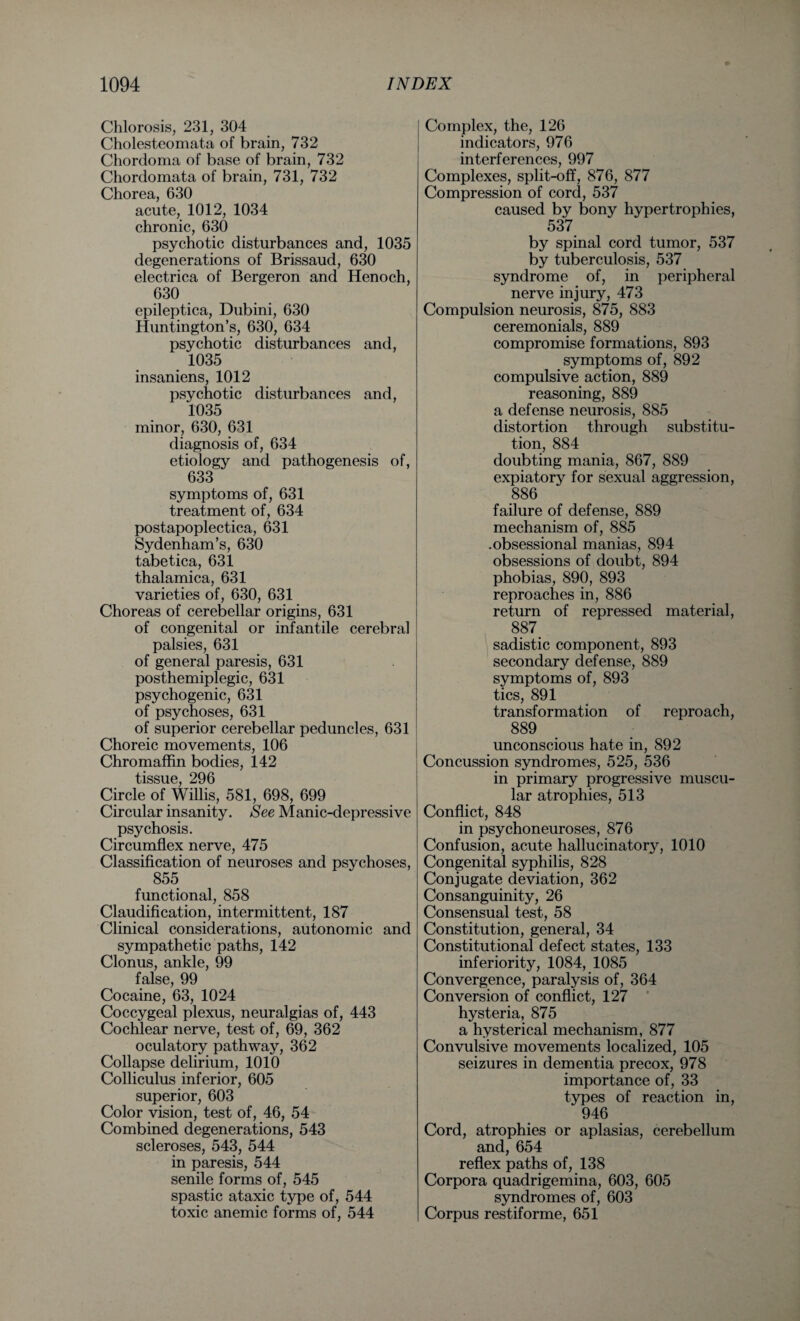 Chlorosis, 231, 304 Cholesteomata of brain, 732 Chordoma of base of brain, 732 Chordomata of brain, 731, 732 Chorea, 630 acute, 1012, 1034 chronic, 630 psychotic disturbances and, 1035 degenerations of Brissaud, 630 electrica of Bergeron and Henoch, 630 epileptica, Dubini, 630 Huntington’s, 630, 634 psychotic disturbances and, 1035 insaniens, 1012 psychotic disturbances and, 1035 minor, 630, 631 diagnosis of, 634 etiology and pathogenesis of, 633 symptoms of, 631 treatment of, 634 postapoplectica, 631 Sydenham’s, 630 tabetica, 631 thalamica, 631 varieties of, 630, 631 Choreas of cerebellar origins, 631 of congenital or infantile cerebral palsies, 631 of general paresis, 631 posthemiplegic, 631 psychogenic, 631 of psychoses, 631 of superior cerebellar peduncles, 631 Choreic movements, 106 Chromaffin bodies, 142 tissup 9Qfi Circle of Willis, 581, 698, 699 Circular insanity. See Manic-depressive psychosis. Circumflex nerve, 475 Classification of neuroses and psychoses, 855 functional, 858 Claudification, intermittent, 187 Clinical considerations, autonomic and sympathetic paths, 142 Clonus, ankle, 99 false, 99 Cocaine, 63, 1024 Coccygeal plexus, neuralgias of, 443 Cochlear nerve, test of, 69, 362 oculatory pathway, 362 Collapse delirium, 1010 Colliculus inferior, 605 superior, 603 Color vision, test of, 46, 54 Combined degenerations, 543 scleroses, 543, 544 in paresis, 544 senile forms of, 545 spastic ataxic type of, 544 toxic anemic forms of, 544 Complex, the, 126 indicators, 976 interferences, 997 Complexes, split-off, 876, 877 Compression of cord, 537 caused by bony hypertrophies, 537 by spinal cord tumor, 537 by tuberculosis, 537 syndrome of, in peripheral nerve injury, 473 Compulsion neurosis, 875, 883 ceremonials, 889 compromise formations, 893 symptoms of, 892 compulsive action, 889 reasoning, 889 a defense neurosis, 885 distortion through substitu¬ tion, 884 doubting mania, 867, 889 expiatory for sexual aggression, 886 failure of defense, 889 mechanism of, 885 .obsessional manias, 894 obsessions of doubt, 894 phobias, 890, 893 reproaches in, 886 return of repressed material, 887. sadistic component, 893 secondary defense, 889 symptoms of, 893 tics, 891 transformation of reproach, 889 unconscious hate in, 892 Concussion syndromes, 525, 536 in primary progressive muscu¬ lar atrophies, 513 Conflict, 848 in psychoneuroses, 876 Confusion, acute hallucinatory, 1010 Congenital syphilis, 828 Conjugate deviation, 362 Consanguinity, 26 Consensual test, 58 Constitution, general, 34 Constitutional defect states, 133 inferiority, 1084, 1085 Convergence, paralysis of, 364 Conversion of conflict, 127 hysteria, 875 a hysterical mechanism, 877 Convulsive movements localized, 105 seizures in dementia precox, 978 importance of, 33 types of reaction in, 946 Cord, atrophies or aplasias, cerebellum and, 654 reflex paths of, 138 Corpora quadrigemina, 603, 605 syndromes of, 603 Corpus restiforme, 651