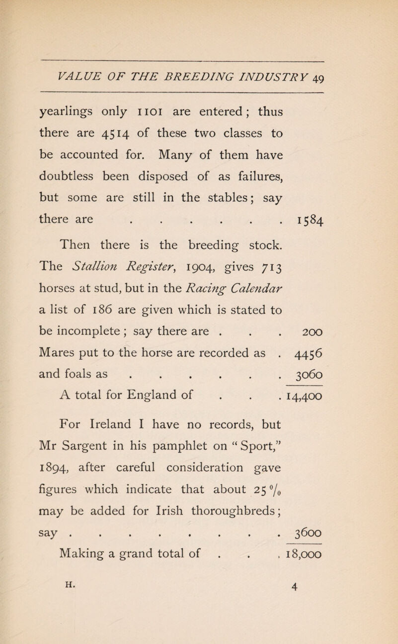 yearlings only 1101 are entered; thus there are 4514 of these two classes to be accounted for. Many of them have doubtless been disposed of as failures, but some are still in the stables; say there are.1584 Then there is the breeding stock. The Stallion Register, 1904, gives 713 horses at stud, but in the Racing Calendar a list of 186 are given which is stated to be incomplete ; say there are . . . 200 Mares put to the horse are recorded as . 4456 and foals as ..... 3060 A total for England of 14,400 For Ireland I have no records, but Mr Sargent in his pamphlet on “ Sport,” 1894, after careful consideration gave figures which indicate that about 25°/o may be added for Irish thoroughbreds; say ........ 3600 Making a grand total of . 18,000 H. 4