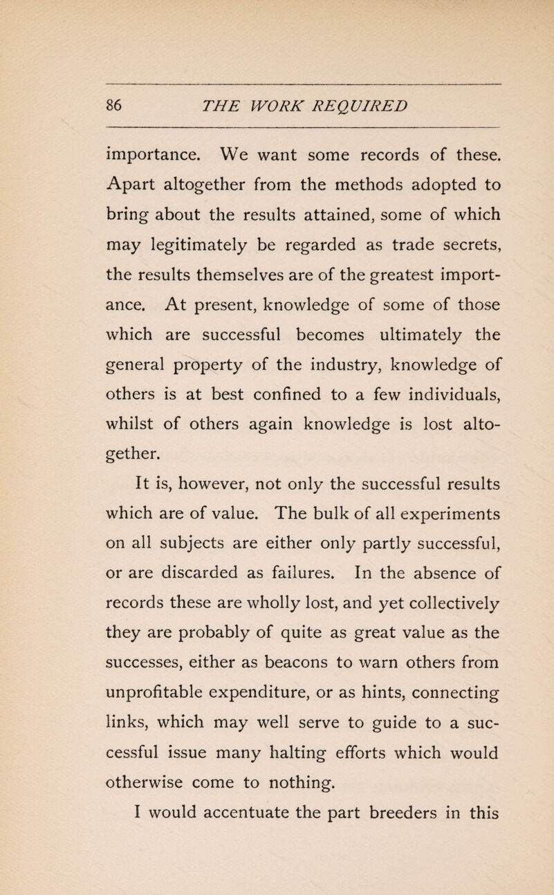 importance. We want some records of these. Apart altogether from the methods adopted to bring about the results attained, some of which may legitimately be regarded as trade secrets, the results themselves are of the greatest import¬ ance. At present, knowledge of some of those which are successful becomes ultimately the general property of the industry, knowledge of others is at best confined to a few individuals, whilst of others again knowledge is lost alto¬ gether. It is, however, not only the successful results which are of value. The bulk of all experiments on all subjects are either only partly successful, or are discarded as failures. In the absence of records these are wholly lost, and yet collectively they are probably of quite as great value as the successes, either as beacons to warn others from unprofitable expenditure, or as hints, connecting links, which may well serve to guide to a suc¬ cessful issue many halting efforts which would otherwise come to nothing. I would accentuate the part breeders in this