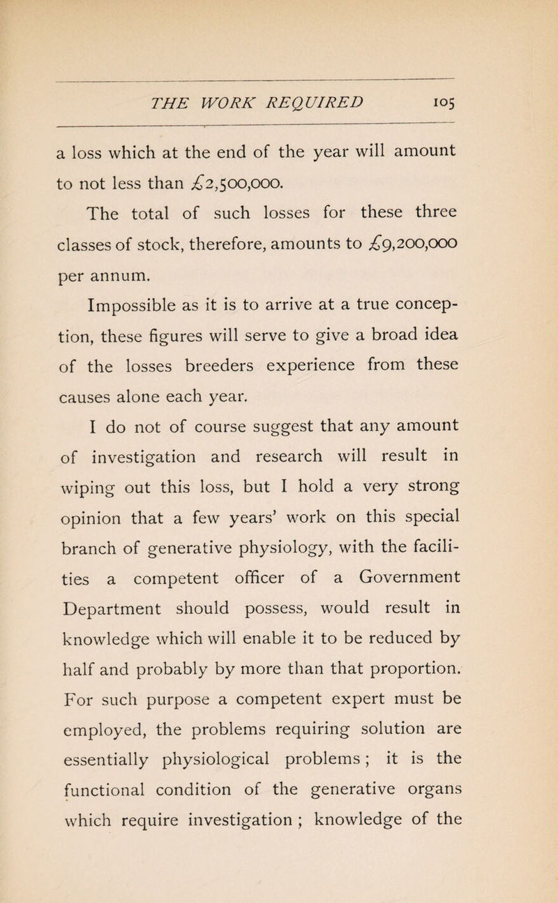 a loss which at the end of the year will amount to not less than £2,500,000. The total of such losses for these three classes of stock, therefore, amounts to £9,200,000 per annum. Impossible as it is to arrive at a true concep¬ tion, these figures will serve to give a broad idea of the losses breeders experience from these causes alone each year. I do not of course suggest that any amount of investigation and research will result in wiping out this loss, but I hold a very strong opinion that a few years’ work on this special branch of generative physiology, with the facili¬ ties a competent officer of a Government Department should possess, would result in knowledge which will enable it to be reduced by half and probably by more than that proportion. For such purpose a competent expert must be employed, the problems requiring solution are essentially physiological problems; it is the functional condition of the generative organs which require investigation ; knowledge of the