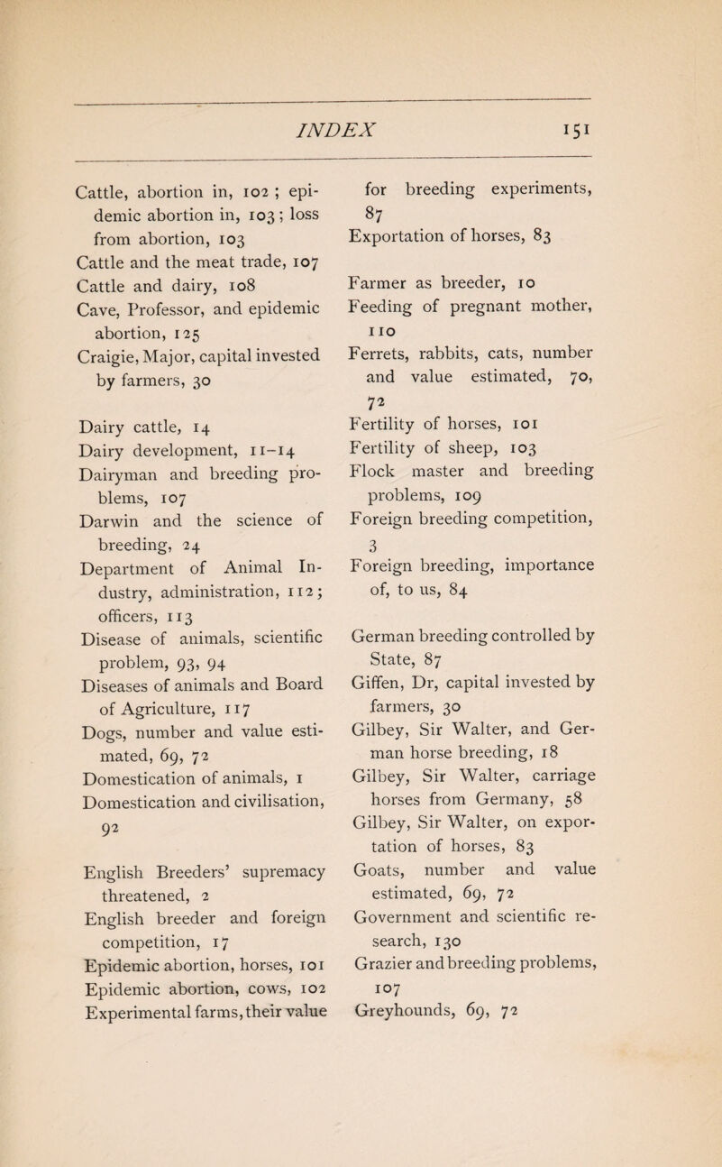 Cattle, abortion in, 102 ; epi¬ demic abortion in, 103 ; loss from abortion, 103 Cattle and the meat trade, 107 Cattle and dairy, 108 Cave, Professor, and epidemic abortion, 125 Craigie, Major, capital invested by farmers, 30 Dairy cattle, 14 Dairy development, 11-14 Dairyman and breeding pro¬ blems, 107 Darwin and the science of breeding, 24 Department of Animal In¬ dustry, administration, 112; officers, 113 Disease of animals, scientific problem, 93, 94 Diseases of animals and Board of Agriculture, 117 Dogs, number and value esti¬ mated, 69, 72 Domestication of animals, 1 Domestication and civilisation, 92 English Breeders’ supremacy threatened, 2 English breeder and foreign competition, 17 Epidemic abortion, horses, 101 Epidemic abortion, cows, 102 Experimental farms, their value for breeding experiments, 87 Exportation of horses, 83 Farmer as breeder, 10 Feeding of pregnant mother, 110 Ferrets, rabbits, cats, number and value estimated, 70, 72 Fertility of horses, 101 Fertility of sheep, 103 Flock master and breeding problems, 109 Foreign breeding competition, 3 Foreign breeding, importance of, to us, 84 German breeding controlled by State, 87 Giffen, Dr, capital invested by farmers, 30 Gilbey, Sir Walter, and Ger¬ man horse breeding, 18 Gilbey, Sir Walter, carriage horses from Germany, 58 Gilbey, Sir Walter, on expor¬ tation of horses, 83 Goats, number and value estimated, 69, 72 Government and scientific re¬ search, 130 Grazier and breeding problems, 107 Greyhounds, 69, 72