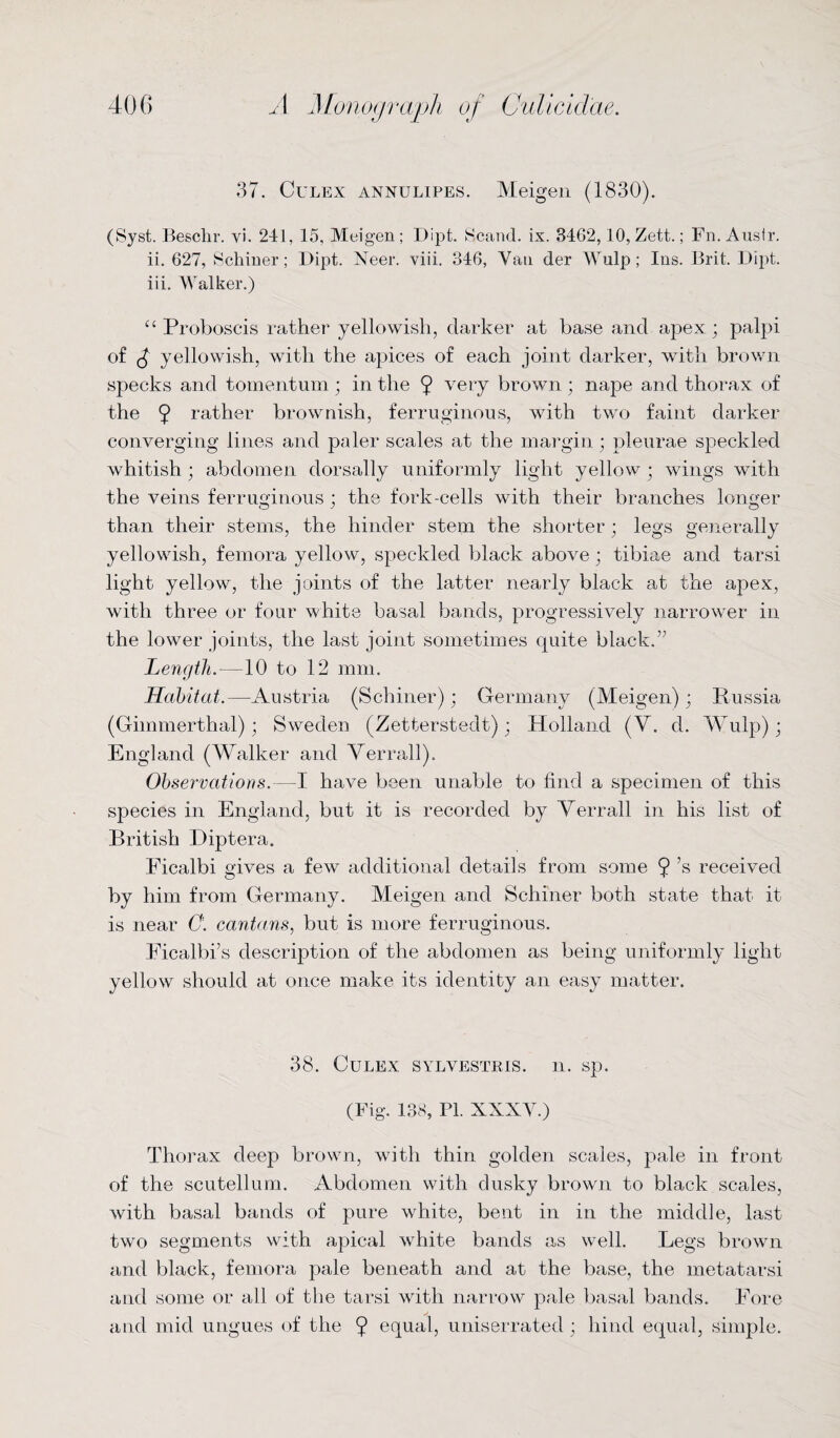 37. Culex annulipes. Meigen (1830). (Syst. Beschr. yi. 241, 15, Meigen; Dipt. Scand. ix. 3462,10, Zett.; Fn.Austr. ii. 627, Schiner; Dipt. Neer. viii. 346, Yau der Wulp; Ins. Brit. Dipt. iii. Walker.) “Proboscis rather yellowish, darker at base and apex; palpi of £ yellowish, with the apices of each joint darker, with brown specks and tomentum; in the 9 very brown ; nape and thorax of the 9 rather brownish, ferruginous, with two faint darker converging lines and paler scales at the margin ; pleurae speckled whitish ; abdomen dorsally uniformly light yellow ; wings with the veins ferruginous ; the fork-cells with their branches longer than their stems, the hinder stem the shorter ; legs generally yellowish, femora yellow, speckled black above; tibiae and tarsi light yellow, the joints of the latter nearly black at the apex, with three or four white basal bands, progressively narrower in the lower joints, the last joint sometimes quite black.” Length.—10 to 12 mm. Habitat.—Austria (Schiner); Germany (Meigen); Russia (Gimmerthal) ; Sweden (Zetterstedt); Holland (V. d. Wulp); England (Walker and Verrall), Observations.—I have been unable to find a specimen of this species in England, but it is recorded by Verrall in his list of British Diptera. Eicalbi gives a few additional details from some 9’s received by him from Germany. Meigen and Schiner both state that it is near 0. cantons, but is more ferruginous. Eicalbi’s description of the abdomen as being uniformly light yellow should at once make its identity an easy matter. 38. Culex sylvestris. n. sp. (Fig. 138, PI. XXXY.) Thorax deep brown, with thin golden scales, pale in front of the scutellum. Abdomen with dusky brown to black scales, with basal bands of pure white, bent in in the middle, last two segments with apical white bands as well. Legs brown and black, femora pale beneath and at the base, the metatarsi and some or all of the tarsi with narrow pale basal bands. Fore and mid ungues of the 9 equal, uniserrated ; hind equal, simple.