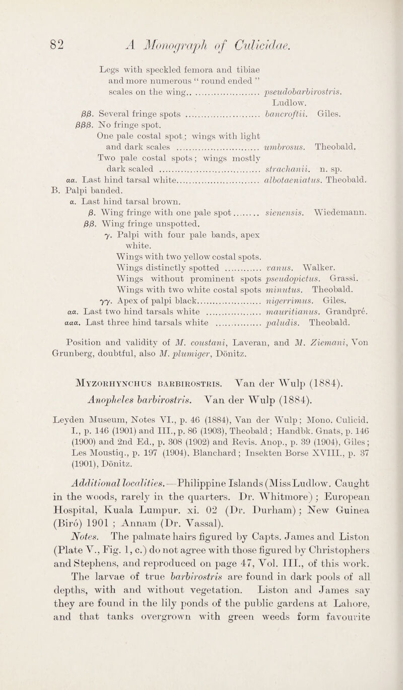 Legs with speckled femora and tibiae and more numerous “ round ended ” scales on the wing. pseudobarbirostris. Ludlow. /3/8. Several fringe spots . bancroftii. Giles. ;8/3j8. No fringe sj^ot. One pale costal spot; wings with light and dark scales . umbrosus. Theobald. Two pale costal spots; wings mostly dark scaled . strachanii. n. sp. aa. Last hind tarsal white... albotaeniatiis. Theobald. B. Palpi banded. a. Last hind tarsal brown. j8. Wing fringe with one pale spot. sienensis. Wiedemann. /3y8. Wing fringe unspotted. 7. Palpi with four pale bands, apex white. Wings with two yellow costal spots. Wings distinctly spotted . vanus. Walker. Wings without prominent spots pseudopictus. Grassi. Wings with two white costal spots minutus. Theobald. 77. Apex of palpi black. nigerrimus. Giles. aa. Last two hind tarsals white . maiiriticmiis. Grandpre. aaa. Last three hind tarsals white . paludis. Theobald. Position and validity of M. co2tstani, Laveran, and M. Ziemmii, Yon Grunberg, doubtful, also M. plumiger, Donitz. Myzorhynchus barbirostris. Y^an cler YVulp (1884). Anopheles harhirostris. Van der Wulp (1884). Leyden Museum, Notes VI., p. 46 (1884), Van der Wulp; Mono. Culicid. I., p. 146 (1901) and III., p. 86 (1903), Theobald ; Handbk. Gnats, p. 146 (1900) and 2nd Ed., p. 308 (1902) and Bevis. Anop., p. 39 (1904), Giles; Les Moustiq., p. 197 (1904), Blanchard; Insekten Borse XYIII., p. 37 (1901), Donitz. Additional localities.—Philippine Islands (Miss Ludlow. Cauglit in the woods, rarely in the quarters. Dr. Whitmore) ; European Hospital, Kuala Lumpur, xi. 02 (Dr. Durham) : New Guinea (Biro) 1901 ; Annam (Dr. Vassal). Notes. The palmate hairs figured by Capts. James and Liston (Plate V., Fig. 1, c.) do not agree with those figured by Christophers and Stephens, and reproduced on page 47, Vol. Ill,, of this work. The larvae of true harhirostris are found in dark pools of all depths, with and without vegetation. Liston and James say they are found in the lily ponds of the public gardens at Laliore, and that tanks overgrown with green weeds form favourite