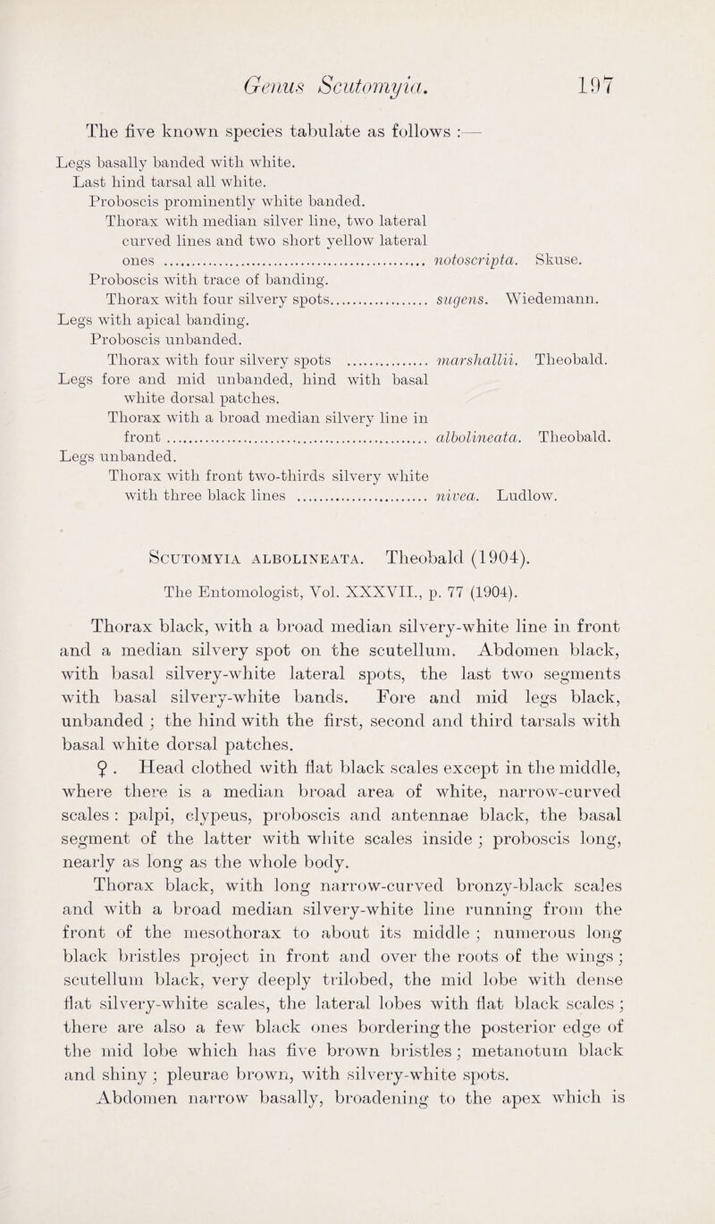 The five known species tabulate as follows :— Legs basally banded with white. Last hind tarsal all white. Proboscis prominently white banded. Thorax with median silver line, two lateral curved lines and two short yellow lateral ones ... notoscripta. Sknse. Proboscis with trace of banding. Thorax with four silvery spots. sugens. Wiedemann, Legs with apical banding. Proboscis nnbanded. Thorax with four silvery spots . marshallii. Theobald. Legs fore and mid nnbanded, hind with basal white dorsal patches. Thorax with a broad median silvery line in front . alholineata. Theobald. Legs nnbanded. Thorax with front two-thirds silvery white with three black lines . nivea. Ludlow. Scutomyia albolineata. Theobald (1904). The Entomologist, Vol. XXXVII., p. 77 (1904). Thorax black, with a broad median silvery-white line in front and a median silvery spot on the scutellum. Abdomen black, with basal silvery-white lateral spots, the last two segments with basal silvery-white bands. Fore and mid legs black, unbanded ; the hind with the first, second and third tarsals with basal white dorsal patches. 9 . Head clothed with flat black scales except in the middle, where there is a median broad area of white, narrow-curved scales : palpi, clypeus, proboscis and antennae black, the basal segment of the latter with white scales inside ; proboscis long, nearly as long as the whole body. Thorax black, with long narrow-curved bronzy-black scales and with a broad median silvery-white line running from the front of the mesothorax to about its middle ; numerous long black bristles project in front and over the roots of the wings ; scutellum black, very deeply trilobed, the mid lobe with dense fiat silvery-white scales, the lateral lobes with fiat black scales; there are also a few black ones bordering the posterior edge of the mid lobe which has five brown bristles ; metanotum black and shiny ; pleurae brown, with silvery-white spots. Abdomen narrow basally, broadening to the apex which is