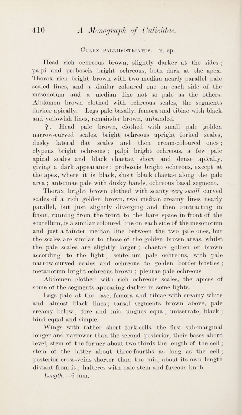 CULEX PALLIDOSTRIATUS. 11. Sp. Head rich oclireous brown, slightly darker at the sides ; palpi and proboscis bright oclireous, both dark at the apex. Thorax rich bright brown with two median nearly parallel pale scaled lines, and a similar coloured one on each side of the mesonotum and a median line not so pale as the others. Abdomen brown clothed with ochreous scales, the segments darker apically. Legs pale basally, femora and tibiae with black and yellowish lines, remainder brown, unbanded. 9 . Head pale brown, clothed with small pale golden narrow-curved scales, bright ochreous upright forked scales, dusky lateral flat scales and then cream-coloured ones ; clypeus bright ochreous; palpi bright ochreous, a few pale apical scales and black chaetae, short and dense apically, giving a dark appearance; proboscis bright ochreous, except at the apex, where it is black, short black chaetae along the pale area; antennae pale with dusky bands, ochreous basal segment. Thorax bright brown clothed with scanty very small curved scales of a rich golden brown, two median creamy lines nearly parallel, but just slightly diverging and then contracting in front, running from the front to the bare space in front of the scutellum, is a similar coloured line on each side of the mesonotum and just a fainter median line between the two jjale ones, but the scales are similar to those of the golden brown areas, whilst the pale scales are slightly larger ; chaetae golden or brown according to the light; scutellum pale ochreous, with pale narrow-curved scales and ochreous to golden border-bristles ; metanotum bright ochreous brown ; pleurae pale ochreous. Abdomen clothed with rich ochreous scales, the apices of some of the segments appearing darker in some lights. Legs pale at the base, femora and tibiae with creamy white and almost black lines; tarsal segments brown above, pale creamy below; fore and mid ungues equal, uniserrate, black ; hind equal and simple. Wings with rather short fork-cells, the first sub-marginal longer and narrower tlian the second posterior, their bases about level, stem of the former about two-thirds the lengtli of the cell ; stem of the latter about three-fourths as long as the cell; posterior cross-veins shorter than the mid, about its (^)wn length distant from it ; halteres with pale stem and fuscous knob. Lengtli.—6 mm.