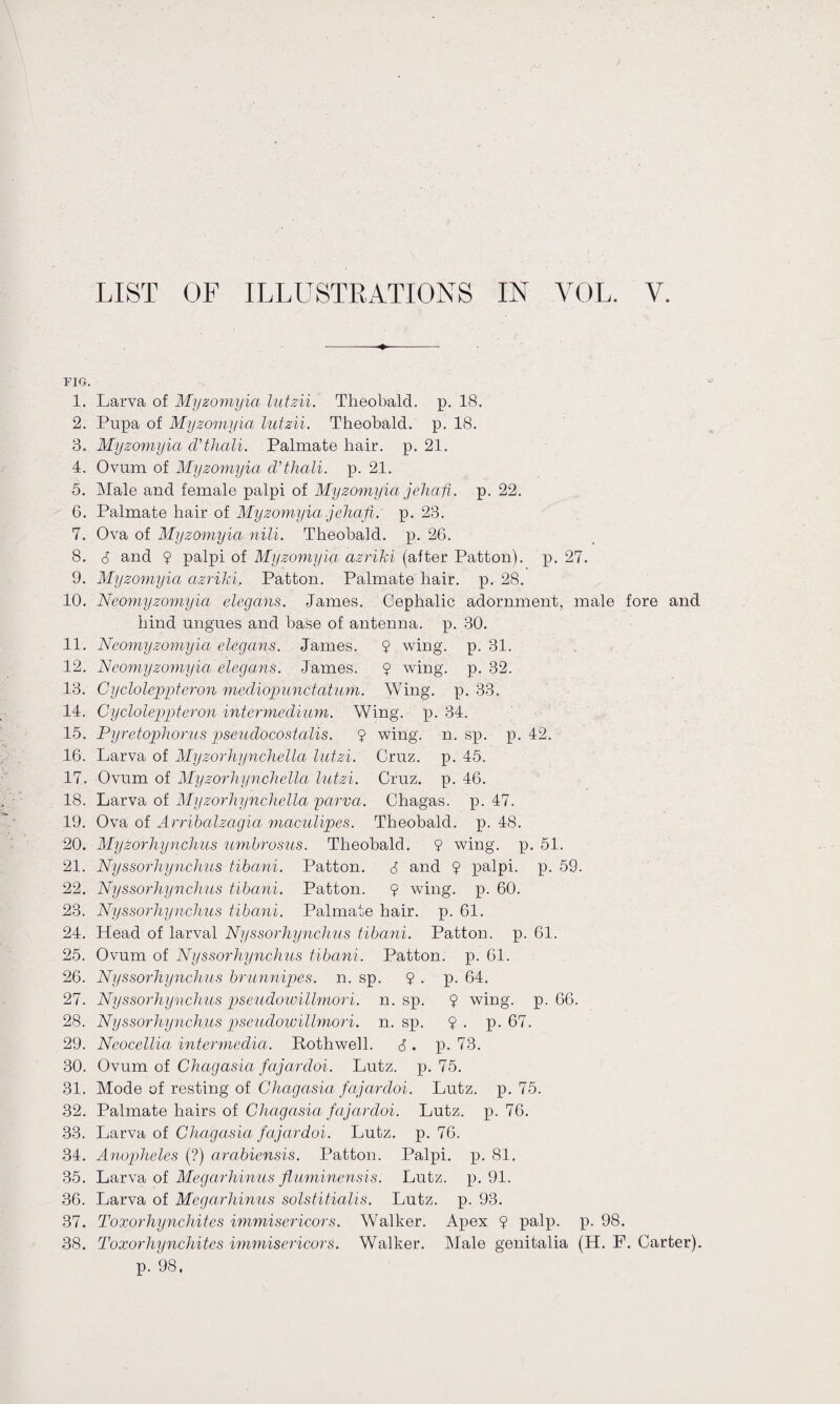 FIG. 1. Larva of Myzomyia lutzii. Theobald, p. 18. 2. Pupa of Myzomyia lutzii. Theobald, p. 18. 8. Myzomyia cVthali. Palmate hair. p. 21. 4. Ovum of Myzomyia cVthali. p. 21. 5. Male and female palpi of Myzomyia jehafi. p. 22. 6. Palmate hair of Myzomyia jehafi: p. 23. 7. Ova of Myzomyia nili. Theobald, p. 26. 8. £ and 9 palpi of Myzomyia azriki (after Patton), p. 27. 9. Myzomyia azriki.. Patton. Palmate hair. p. 28. 10. Neomyzomyia elecgans. James. Cephalic adornment, male fore and hind ungues and base of antenna, p. 30. 11. Neomyzomyia elegans. James. 9 wing. p. 31. 12. Neomyzomyia elegans. James. 9 wing. p. 32. 13. Cycloleppteron mediopunctatum. Wing. p. 33. 14. Cycloleppteron intermedium. Wing. p. 34. 15. Pyretophorus pseudocostalis. 9 wing. n. sp. p. 42. 16. Larva of Myzorhynchella lutzi. Cruz. p. 45. 17. Ovum of Myzorhynchella lutzi. Cruz. p. 46. 18. Larva of Myzorhynchella parva. Chagas, p. 47. 19. Ova of Arribalzagia maculipes. Theobald, p. 48. 20. Myzorliynchus umbrosus. Theobald. 9 wing. p. 51. 21. Nyssorhynchus tibani. Patton. £ and 9 palpi, p. 59. 22. Nyssorhynchus tibani. Patton. 9 wing. p. 60. 23. Nyssorhynchus tibani. Palmate hair. p. 61. 24. Head of larval Nyssorhynchus tibani. Patton, p. 61. 25. Ovum of Nyssorhynchus tibani. Patton, p. 61. 26. Nyssorhynchus brunnipes. n. sp. 9 . p. 64. 27. Nyssorhynchus pseudowillmori. n. sp. 9 wing. p. 66. 28. Nyssorhynchus pseudowillmori. n. sp. 9 . p. 67. 29. Neocellia intermedia. Rothwell. £. p. 73. 30. Ovum of Chagasia fajardoi. Lutz. p. 75. 31. Mode of resting of Chagasia fajardoi. Lutz. p. 75. 32. Palmate hairs of Chagasia fajardoi. Lutz. p. 76. 33. Larva of Chagasia fajardoi. Lutz. p. 76. 34. Anopheles (?) arabiensis. Patton. Palpi, p. 81. 35. Larva of Megarhinus fluminensis. Lutz. p. 91. 36. Larva of Megarhinus solstitialis. Lutz. p. 93. 37. Toxorhynchites immisericors. Walker. Apex 9 palp. p. 98. 38. Toxorhynchites immisericors. Walker. Male genitalia (H. F. Carter). p. 98.