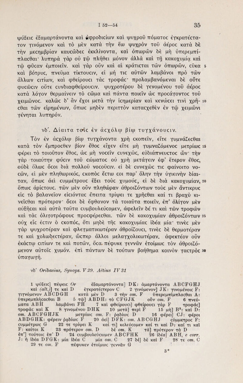 ipuHeic έΗαμαρτάνοντα και άψροδιαων και ψυχρού πόματοε έγκρατέ<:τα- τον γινόμενον και τό μεν κατά την έω ψυχρόν τού άεροε κατά δέ την μεεημβρίαν καυαυόεε έκκλίνοντα, και οπωρών δέ μη ύπερεμπί- πλαεθαΓ λυπηρά γάρ ου τώ πλήθει μόνον αλλά και τη κακοχυμία και τώ φύεαν έμποιεΐν. και γάρ ούν και αι κρατιέται τών οπωρών, εύκα 5 και βότρυε, πνεύμα τίκτουειν, ει μη τιε αυτών λαμβάνοι προ τών άλλων ειτίων, και φθείρουει τάε τροφάε' προλαμβανόμεναι be ούτε φυεώειν ούτε ευνόιαφθείρουειν. ψυχρότερου be γενομενου τού άεροε κατά λόγον θερμαίνειν τό εώμα καί πάντα ποιεΐν ώε προεάγοντοε τού χειμώνοε. καλώε b3 αν εχοι μετά την ιεημερίαν και κενώεει τινι χρή- ίο εθαι τών ειρημενων, όπωε μηδέν περιττόν καταεχεθέν εν τώ χειμώνι γενηται λυπηρόν. νδ'. Δίαιτα το*ΐε εν άεχόλω βίω τυγχάνουειν. Τον εν άεχόλω βίω τυγχάνοντα χρή εκοπεΐν, εϊτε γυμνάίεεθαι κατά τον εμπροεθεν βίον εθοε ειχεν εϊτε μη γυμναίόμενοε μετρίωε ιβ φέρει τό τοιοΰτον εθοε, ώε μη νοεεΐν ευνεχώε, εύόιάπνευετοε ών την γάρ τοιαύτην φύειν τού εώματοε ού χρή μετάγειν έφ3 έτερον εθοε, ούδέ όλωε όεοι διά πολλού νοεούειν. εί δέ ευνεχώε τιε φαίνοιτο νο- εών, εί μεν πληθωρικόε, εκοπόε εετω εοι παρ3 όλην τήν υγιεινήν δίαι¬ ταν, όπωε άεϊ ευμμέτρουε εΗει τούε χυμούε, εί δέ διά κακοχυμίαν, 2ο όπωε άρίετουε. τών μεν ούν πληθώραν άθροώόντων τούε μεν άντικρυε είε τό βαλανεΐον είειόνταε έπειτα τρίψει τε χρήεθαι καί τι βραχύ κι- νεΐεθαι πρότερον* όεοι δε έφθανον τά τοιαύτα ποιεΐν, έπ3 ολίγον μεν αύΗήεαι και αύτά ταύτα ευμβουλεύεομεν, άφελεΐν δε τι και τών τροφών και τάε όλιγοτρόφουε προεφέρεεθαι. τών δε κακοχυμίαν άθροι£όντων 25 ούχ ειε έετιν ό εκοπόε, ότι μηδέ τήε κακοχυμίαε ιδέα μία* τινέε μεν γάρ ψυχροτέραν καί φλεγματικωτέραν άθροί£ουει, τινέε δε θερμοτέραν τε καί χολωδεετέραν, ώεπερ άλλοι μελαγχολικωτέραν. άφεκτέον ούν έκάετω ειτίων τε καί ποτών, όεα πέφυκε γεννάν έτοίμωε τον άθροώό- μενον αύτοΐε χυμόν, επί πάντων δε τούτων βοήθημα κοινόν γαετρόε 30 υπαγωγή. vb' Oribasius, Synops. V 29. Aetius IV 31 1 ψύΗεις] πέψειε Or έΗαμαρτάνοντα] DK: άμαρτάνοντα ABCFGHJ καί (ait.)] τε και D έγκρατέετερον C 2 γινόμενον] JK: γινομένοιε F: γιγνόμενον ABCDGH κατά μεν D 3 τήν om. F ύπερεμπίμπλαεθαι Α: ύπερεμπλήεαεθαι Β 5 τψ] ABDH: τό CFGJK ούν om. F 6 πνεύ¬ ματα ΑΒΗ λαμβάνει FH 7 και φθείρουει] φθείρουει γάρ F τροφάε] τροφάε καί Κ 8 γινομένου DHK 10 μετά] περί F 15 μή] Β2: και D: om. ABCFGHJK μετρίιυε om. F: βαδίιυε D 16 φέρει] CJ: φέροι ABDGHK: φέρειν ^μδίιυε F 20 άεϊ] DFK: om. ABCGHJ εύμμετροε F: ευμμέτριυε G 22 τε τρίψει Κ καί τι] κελεύεομεν καί τι καί D: καί τι καί F: καίτοι Κ 23 πρότερον om. D δε om. Κ τά] πρότερον τά D έπ’] τούτοιε επ’ Β 24 ευμβουλεύειυμεν ABCFHK 26 ιδέα] ΑΒΗ, e corr. J: ή ιδέα DFGK: μία ιδέα C μία om. C 27 δέ] δε καί F 28 τε om. C 29 τε om. F πέφυκεν έτοίμιυε γεννάν G 3*