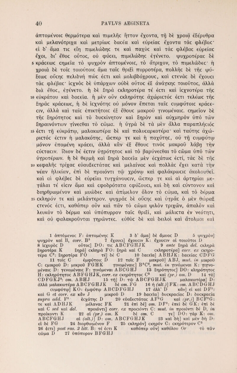 άπτομένοιε θερμότερα και τπμεΧήε ήττον εχοντα, τη be χροιά έΗερυθρα και μελανότριχα και μετρίιυε δαεέα και εύρείαε εχοντα τάε φλεβαε· εί b3 άμα τιε εϊη πιμελιίώηε τε και παχύε και τάε φλέβαε εύρείαε έχοι, bi3 εθοε ούτοε, ού φύεει, πιμελώbηε έγένετο. ψυχροτέραε 0έ 5 κράεεωε εημεΐα τό ψυχρόν άπτομένοιε, τό άτριχον, τό πιμελαώεε' ή χροιά bέ τοΐε τοιούτοιε άμα ταΐε θριΓι πυρροτέρα, πολλήε be τήε ψύ- Ηευυε ούεηε πελώνή πώε έετι καί μολ^όχρουε, καί ετενάε bέ εχουει τάε φλεβαε’ ίεχνόε bέ ύπάρχιυν ούάέ ούτοε έζ άνάγκηε τοιούτοε, αλλά bm εθοε, έγενετο. ή be Ηηρά εκληροτέρα τέ έετι καί ίεχνοτέρα τήε ίο εύκρατου καί ύαεεΐα. ή μεν ούν εκληρότηε άχώριετόε έετι τελέιυε τήε Ηηράε κράεεαιε, ή be ίεχνότηε ού μόνον έπεται ταΐε ευμφύτοιε κράεε- ειν, αλλά καί ταΐε έπικτήτοιε έζ έθουε μακρού γινομέναιε. εημεΐον όέ τήε Ηηρότητοε καί τό όυεκίνητον καί Ηηρόν καί αύχμηρόν ύπό τών Ηηραινόνταιν γίνεεθαι τό εώμα. ή ύγρά be τά μεν άλλα παραπλήειόε 15 έετι τή εύκράτψ, μαλακιυτέρα όέ καί πολυεαρκοτέρα’ καί ταύτηε άχώ¬ ριετόε έετιν ή μαλακότηε, ώεπερ γε καί ή παχύτηε, ού τή ευμφύτιυ μόνον επομένη κράεει, αλλά καν έζ έθουε τινόε μακρού λάβη τήν εύεταειν. ibiov όέ έετιν ύγρότητοε καί τό βαρύνεεθαι τό εώμα ύπό τών ύγροτέριυν. ή όέ θερμή καί Ηηρά όαεεΐα μεν έεχάτυυε έετί, τάε be τήε 2ο κεφαλήε τρίχαε εύαυΗεετάταε καί μελαίναε καί πολλάε έχει κατά τήν νέαν ήλικίαν, έπί be προιόντι τώ χρόνψ καί φαλάκριυειε ακολουθεί, καί αί ψλέβεε be εύρεΐαι τυγχάνουειν, ώεπερ γε καί αι άρτηρίαι με- γάλαι τέ είειν άμα καί εψοόρότατα εφύίουει, καί όή καί εύντονον καί όιηρθριυμένον καί μυώόεε καί άπίμελον δλον τό εώμα, καί τό όέρμα 25 εκληρόν τε καί μελάντερον. ψυχράε be ούεηε καί ύγράε ό μεν θώραΗ ετενόε έετι, καθάπερ ούν καί παν τό εώμα ψιλόν τριχών, απαλόν καί λευκόν τό όέρμα καί ύπόπυρρον ταΐε θριΗί, καί μάλιετα έν νεότητι, καί ού φαλακροϋνται γηρώντεε. εύθύε όέ καί όειλοί καί άτολμοι καί I άπτόμενοο F: άπτομενηε Κ 3 δ5 άμα] δέ άμυοε D δ ψυχρόν] ψυχρόν καί Β, corr. Β3 7 Εχουει] ^χουειν Κ: Ιχουαν οί τοιουτοι D 8 ίεχυρόε D ούτοε] DO: tkABCFGHJK 9 ante £ηρά dei. εκληρά Εηροτέρα Κ Εηρά] εκληρά FO: Ηηρά καί C εκληροτέρα] corr. ex εκηρο- τέρα C2: ζηροτέρα FO τέ] δέ C 10 δαεεΐα] ABHJK: δαεείαε CDFG II τοίε C εμφύτοιε D 12 τοΐε F μακρού] ABJ, mut. in μικρού C: εμικρου D: μικρού FGHK γινομέναιε] B3C2, mut. in γινόμεναι Κ: γιγνο- μέναιε D: γενομέναιε F: γινόμεναι ABCGHJ 13 Ηηρότητοε] DO: κληρότητοε Η: εκληρότητοε ABFGHJK, corr. ex εκηρότητοε C2 καί (pr.) om. D 14 τό] CDFGKJ3: om. ABHJ 15 τή] D: τψ ABCFGHJK μαλακιυτέρα] D: άλλα μαλακιυτέρα ABCFGHJK be om. FG 16 ή (ait.)] FK: om. ABCDGHJ ευμφύτψ] KO: έμψύτψ ABCDFGHJ 17 άλλ’ Ό καν] εί καί DF3: καί G et corr. ex καν J μικρού D 19 δαεεΐα] δυεκραείαε D: δυεκραεία supra add. F3 έεχάτηε D 20 εύαΗεετάταε AF3G καί (pr.)] BCF3G: τε καί ADHJK μέλαναε FK 21 έπί δέ] om. DF3: έπεί δέ GK: έπί δέ καί C sed καί dei. προιόντι] corr. ex προειόντι C: mut. in προιόντι δέ D, in προίκοντι Κ 22 ai (pr.) om. Κ δέ om. C γε] DO: γάρ K: om. ABCFGHJ ai (ait.)] D: om. ABCFGHJK 23 καί δη] καί μέν δή D: εί δέ FG 24 διορθιυμένον F 25 εκληρόν] εκηρόν C: εκηρότερον C2 26 έετι] post ras. 2 litt. Β: τέ έετι Κ καθάπερ ουν] καθόλου Or τό παν εώμα D 27 ύπόπυρον BFGHJ