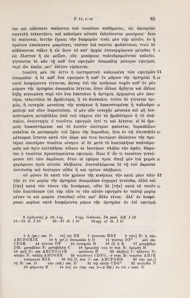 ται και ουδέποτε παύονται του τοιούτου παθήματοε, ειε άκινηείαν παντελή τελευτώειν, και καλοΰμεν αύτούε έκλείπονταε μυούρουε* δεοι δε παύονται, διττήν έχουει την διαφοράν τινέε μεν γάρ αυτών, εν ή πρώτον έπαύεαντο μικρότητι, ταύτην διά παντόε φυλάττουει, τινέε δε αυξάνονται πάλιν ή ειε δέον τό κατ’ άρχάε επανερχόμενοι μέγεθοε ή & ειε έλαττον ή ειε μεΐξον, ούε μυούρουε παλινδρομούνταε καλοΰει. γίγνονται δε καν τή καθ’ ένα εφυγμόν ανωμαλία μύουροι εφυγμοί, περί ών έκεΐεε μετ’ ολίγον είρήεεται. τοιαύτη μεν τίε έετιν ή ευετηματική καλούμενη τών εψυγμών 11 ανωμαλία· ή δε καθ’ ένα εφυγμόν ή καθ’ έν μόριον τήε άρτηρίαε ή ίο κατά διαφέροντα γίγνεται, ώεπερ επί τήε κινήεεωε τυχόν καθ’ έν μεν μόριον τήε άρτηρίαε ανωμαλία λέγεται, δταν άλλωε άρξηται καί άλλωε λήξη κινούμενη περί τον ένα δάκτυλον ή αρτηρία, άρχομένη μεν ώκυ- τέρα, τελευτώεα δε βραδύτερα, ή τό άνάπαλιν. τούτο δε γίγνεται τρι- χώε, ή ευνεχώε μενούεηε τήε κινήεεωε ή διακοπτομένηε ή παλινδρο- ι& μούεηε καί οιον δικροτούεηε. εί μεν ούν ευνεχήε μένουεα καί μη δια¬ κοπτόμενη μεταβάλλοι από τού τάχουε επί τό βραδύτερον ή τό άνά- παλιν, άνιεοταχήε ό τοιούτοε εφυγμόε έετί τε καί λέγεται, ε’ι δε ήρε- μοίη διακοπτόμενοε καί τό λοιπόν ώκύτεροε φαίνεται, δορκαδίξων καλείται εκ μεταφοράε τού £ωου τήε δορκάδοε, ήτιε έν τώ άποπηδάν 2» μέτεωροε ϊεταται κατά τον αέρα καί τινα δευτέραν άδόκητον τήε προ- τέραε ώκυτέραν ποιείται κίνηειν. εί δε μετά τό διαεταλήναι παλινδρο- μοίη καί πριν ευεταλήναι τέλεον εκ δευτέρου πλήξοι την άφήν, δίκρο- τοε ό τοιούτοε προεαγορεύεται εφυγμόε. ϊδοιε δ’ άν τι τοιούτον γιγνό- μενον επί τών άκμόνων, δταν αί εφΰραι πρόε άπαξ μεν διά χειρόε 2δ φερόμεναι πρόε αύτούε πλήξωειν, άναπαλλόμεναι δε τή τού άκμονοε άντιτυπία καί δεύτερον αύθιε ή καί τρίτον πλήξωειν. ού μόνον δε κατά τον χρόνον τήε κινήεεωε τήν κατά μίαν πλη- 12 γήν έν ένί μορίω τήε άρτηρίαε ανωμαλίαν έγχωρεΐ γενέεθαι, άλλα καί [τήν] κατά τον τόνον τήε δυνάμεωε, ούτε δε [τήν] κατά τό ποεόν so τών διαετάεεων (ού γάρ οιόν τε τον αύτόν εφυγμόν έν ταύτώ μορίω μέγαν τε καί μικρόν γίνεεθαι) ούτε κατ’ άλλο γένοε. άλλ’ έν διαφέ- ρουει μορίοιε κατά διαφέροντα μόρια τήε άρτηρίαε έν ένί εφυγμώ 8 είρήεεται] ρ. 86, 5sq. 9 sqq. Galenus, De puls. diff. 112 18—22 ib. 128 22—27 ib. 1 16 32 sqq. cf. ib. 117. 5 ή (pr.) om. D τό] τώ BK 7 γίνονται BDF 9 τών] D: ή τών ABCFGHJK 10 ή (pr·)] ανωμαλία ή D 11 γίνεται DF3 μεν om. CFGK 14 γίνεται DF 15 ευνεχουε D 16 ει] ή K 17 μεταβάλοι DH: μεταβάλει F: μεταβάλλη C 18 ήρεμοίη] -οιη in ras. Β: ήρεμύη Η 19 και] D: om. ABCFGHJK φαΐνοιτο D 23 πλήΗοι] J: πλήττοι D: πλήζει F: πλή£η ABCGHK 24 τοιοΟτον] CDFG, -ν eras. Β: τοιουτο AHJK γινόμενον BJK 26 δέ] D, ins. J: om. ABCFGHK 30 τήν (pr.)'} τί) Η: om. D τήν (ait.) om. D 31 τώ αύτώ CDG2 32 γενέεθαι D 33 φέροντα Β έν ένί] ώε (seq. ras. 1—2 litt.) έν ένί e corr. D