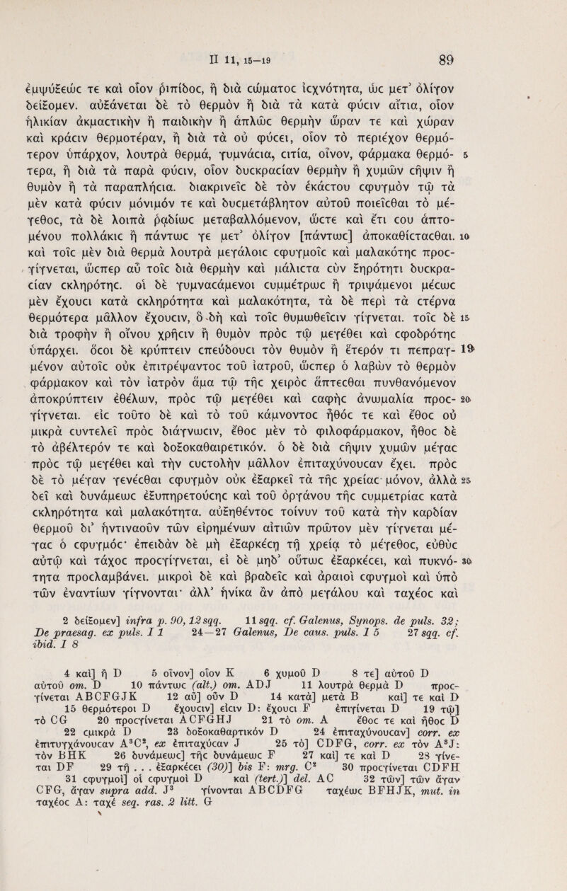 έμψύΗεώε τε και οιον pmiboc, ή διά εώματοε ίεχνότητα, ώε μετ’ ολίγον δείΗομεν. αύΗάνεται τό θερμόν ή διά τά κατά φύειν αίτια, οιον ηλικίαν άκμαετικήν ή παιδικήν ή άπλώε θερμήν ώραν τε καί χώραν καί κράειν θερμοτέραν, ή διά τά ού φύεει, οιον τό περιέχον θερμό- τερον ύπαρχον, λουτρά θερμά, γυμνάεια, ειτία, οίνον, φάρμακα θερμό¬ τερα, ή διά τά παρά φύειν, οιον δυεκραείαν θερμήν ή χυμών εήψιν ή θυμόν ή τά παραπλήεια. διακρινεΐε δε τον εκάετου εφυγμόν τώ τά μεν κατά φύειν μόνιμόν τε καί δυεμετάβλητον αύτου ποιεΐεθαι τό με- 5 γεθοε, τά δε λοιπά ραδίωε μεταβαλλόμενον, ώετε καί ετι εου άπτο- μενου πολλάκιε ή πάντιυε γε μετ' ολίγον [πάντωε] άποκαθίεταεθαι. κ> καί τοΐε μεν διά θερμά λουτρά μεγάλοιε εφυγμοΐε καί μαλακότηε προε- γίγνεται, ώεπερ αύ τοΐε διά θερμήν καί μάλιετα εύν Ηηρότητι δυεκρα¬ είαν εκληρότηε. οί δε γυμναεάμενοι ευμμέτρωε ή τριψάμενοι μέεωε μεν εχουει κατά εκληρότητα καί μαλακότητα, τά δέ περί τά ετερνα θερμότερα μάλλον εχουειν, όώή καί τοΐε θυμιυθεΐειν γίγνεται. τοΐε δε ι& διά τροφήν ή οίνου χρήειν ή θυμόν πρόε τώ μεγεθει καί εφοδρότηε ύπάρχει. δεοι δέ κρύπτειν επεύδουει τον θυμόν ή έτερόν τι πεπραγ- 1& μένον αύτοΐε ούκ έπιτρέψαντοε τού ιατρού, ώεπερ ό λαβών τό θερμόν φάρμακον καί τον ιατρόν άμα τώ τήε χειρόε άπτεεθαι πυνθανόμενον άποκρύπτειν έθέλων, πρόε τώ μεγεθει καί εαφήε ανωμαλία προε- 2ο γίγνεται. είε τούτο δέ καί τό τού κάμνοντοε ήθόε τε καί έθοε ού μικρά ευντελεΐ πρόε διάγνωειν, έθοε μέν τό φιλοφάρμακον, ήθοε δέ τό άβέλτερόν τε καί δοΗοκαθαιρετικόν. ό δέ διά εήψιν χυμών μέγαε πρόε τώ μεγεθει καί τήν ευετολήν μάλλον έπιταχύνουεαν έχει, πρόε δέ τό μέγαν γενέεθαι εφυγμόν ούκ έΗαρκεΐ τά τήε χρείαε μόνον, αλλά 25 δει καί δυνάμεωε έΕυπηρετούεηε καί τού οργάνου τήε ευμμετρίαε κατά εκληρότητα καί μαλακότητα. αύΗηθέντοε τοίνυν τού κατά τήν καρδίαν θερμού δύ ήντιναοΰν τών είρημένιυν αιτιών πρώτον μέν γίγνεται μέ- γ-αε ό εφυγμόε· έπειδάν δέ μή έΗαρκέεη τή χρεία τό μέγεθοε, εύθύε αύτώ καί τάχοε προεγίγνεται, ei δέ μηδ5 ούτωε έΗαρκέεει, καί πυκνό- so τητα προελαμβάνει. μικροί δέ καί βραδεΐε καί αραιοί εφυγμοί καί ύπό τών εναντίων γίγνονταΓ άλλ* ήνίκα άν από μεγάλου καί ταχέοε καί 2 δείΕομεν] infra, ρ. 90,12 sqq. 11 sqq. cf. Galenus, Synops. de puls. 32; De praesag. ex puls. 11 24—27 Galenus, I)e caus. puls. 1 5 27 sqq. cf. ibid. I 8 4 καί] ή D 5 οίνον] οιον K 6 χυμοΟ D 8 τε] αύτοΟ D αύτοΰ om. D 10 πάντωε (ait.) om. ADJ 11 λουτρά θερμά D irpoc- γίνεται ABCFGJK 12 αυ] οϋν D 14 κατά] μετά Β και] τε καί D 15 θερμότεροι D έχουαν] είειν D: έχουει F έπιγίνεται D 19 τψ] τό CG 20 προεγίνεται ACFGHJ 21 τό om. Α εθοε τε καί ήθοε D 22 εμικρά D 23 δοΕοκαθαρτικόν D 24 έπιταχύνουεαν] corr. ex έπιτυγχάνουεαν A3C2, ex έπιταχύεαν J 25 τό] CDFG, corr. ex τον ASJ: τόν ΒΗΚ 26 δυνάμειυε] τήε δυνάμειυε F 27 καί] τε καί D 28 γίνε¬ ται DF 29 τή . . . έΗαρκέεει (30)] bis F: mrg. C2 30 προεγίνεται CDFH 31 εφυγμοί] οί εφυγμοί D καί (tert.)] dei. AC 32 τών] τών άγαν CFG, άγαν supra add. J3 γίνονται AB CDFG ταχειυε BFHJK, mut. in ταχέοε A: ταχέ seq. ras. 2 litt. G