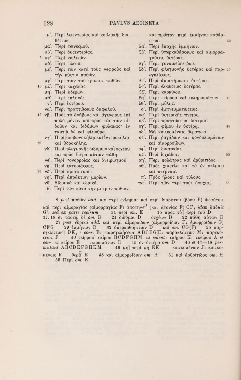 μ'. TTepi Xeievxepiac καί κοιλιακήο δια- 04ceu)c. μα'. TTepi xeivecpoO. μβ'. TTepi bucevxepiac. 5 μγ'. TTepi κωλικων. μδ'. TTepi eiXeou. pe'. TTepi των κατά xouc veqppoOc καί τήν κύετιν παθών, μς'. TTepi τών του ήπατοο παθών, ίο μΖ'. TTepi KaxeSiac. μη'. TTepi ύδέρων. μθ'. TTepi επληνόο. ν'. TTepi ικτέρου. να'. TTepi προπτώεεωε όμφαλοϋ. 15 νβ'. TTpoc τό άνήβουε καί άγενείουε έπΐ πολύ μένειν καί πρόο τάο τών αι¬ δοίων καί διδύμων φυλακάο1 εν ταύτώ δέ καί ψίλωθρα. νγ'. TTepi βουβωνοκήληοκαΐέντεροκήληο 20 και ύδροκήληο νδ'. TTepi φλεγμονήο διδύμων και όεχέου και πρόο έτερα αυτών πάθη, ve'. TTepi γονορροίαο και όνειρωγμού. ν?'. TTepi οατυριάοεωο. 25 νΖ'. TTepi πριαπιομού. νη'. TTepi άπρακτων μορίων, νθ'. Αίδοιικά καί έδρικά. S'. TTepi τών κατά τήν μήτραν παθών, και πρώτον περί έμμήνου καθάρ- ceuuc. 30 Sa'. TTepi έποχήε εμμήνων, ζβ'. TTepi ύπερκαθάροεωο και αίμορρα- γούοηο ύατέραε. £γ'. TTepi γυναικείου βου. £δ'. TTepi φλεγμονήο ucrepac καί παρ- 35 εγκλίοεωο. Se'. TTepi άποετήματοο ύατέραε. ζς'. TTepi ελκώεεωο Ocrepac. ζΖ'. TTepi καρκίνου. Sη'. TTepi «ίρρου καί οκληρωμάτων. 40 Ηθ'. TTepi μύληο. ο'. TTepi έμπνευματώεεωο. οα'. TTepi ύοτερικήο πνιγόο. οβ'. TTepi προπτώοεωο ύοτέραο. ογ'. TTepi φίμου έν ύετέρα. 45 οδ'. Μή κυκκομένακ θεραπεία, oe'. TTepi βαγάδων και κονδυλωμάτων και αιμορροΐδων. ος'. TTepi δυοτοκίαο. οΖ'. TTepi κχιάδοε. 50 οη'. TTepi ποδάγραε καί άρθρίτιδοο οθ'. TTpoc χίμετλα και τά έν πέλμαα και πτέρναιο π'. TTpoc ήλoυc και τύλουο πα'. TTepi τών περί xouc δνυχαε. 55 8 post παθών add. και περί εκληρίαε και περί διαβήτου (βόου F) άκαύτωε και περί αίμοραγίαε (αίμορραγίαο F) άποτηνε^ (και axoviac F) CF; idem habuit G2, sed ex parte recisum 14 περί om. K 15 πρόο τό] περί του D 17. 18 ev ταύτώ δέ om. D 21 διδύμου D όεχέων B 22 πάθη αυτών D 27 post έδρικά add. και περί αίμοροίδων (αιμορροΐδων F: έμωρροίδων G) CFG 29 έμμήνων D 32 ύπερκαθάροεων D και om. CG(F) 35 παρ- εγκλκευκ] DK, e corr. Ε: παρεγκλήοεωο ABCEGH: παρακλήοεωο Μ: παρεκύ- ceuuc F 40 οκίρρου] CKipou BCDFGHM, ut solent: εκήρου K: cKeipou A et corr. ex κείρου E ααρωμάτων D 45 ev Ocrepa om. D 46 et 47—48 per¬ mutant ABCDEFGHKM 46 μή] περί μή ΕΚ κυκκομένων J: kuicko- μένοκ F θερα Ε 48 και αιμορροΐδων om. Η 51 και άρθρίτιδοο om. Η 55 TTepi om. Ε