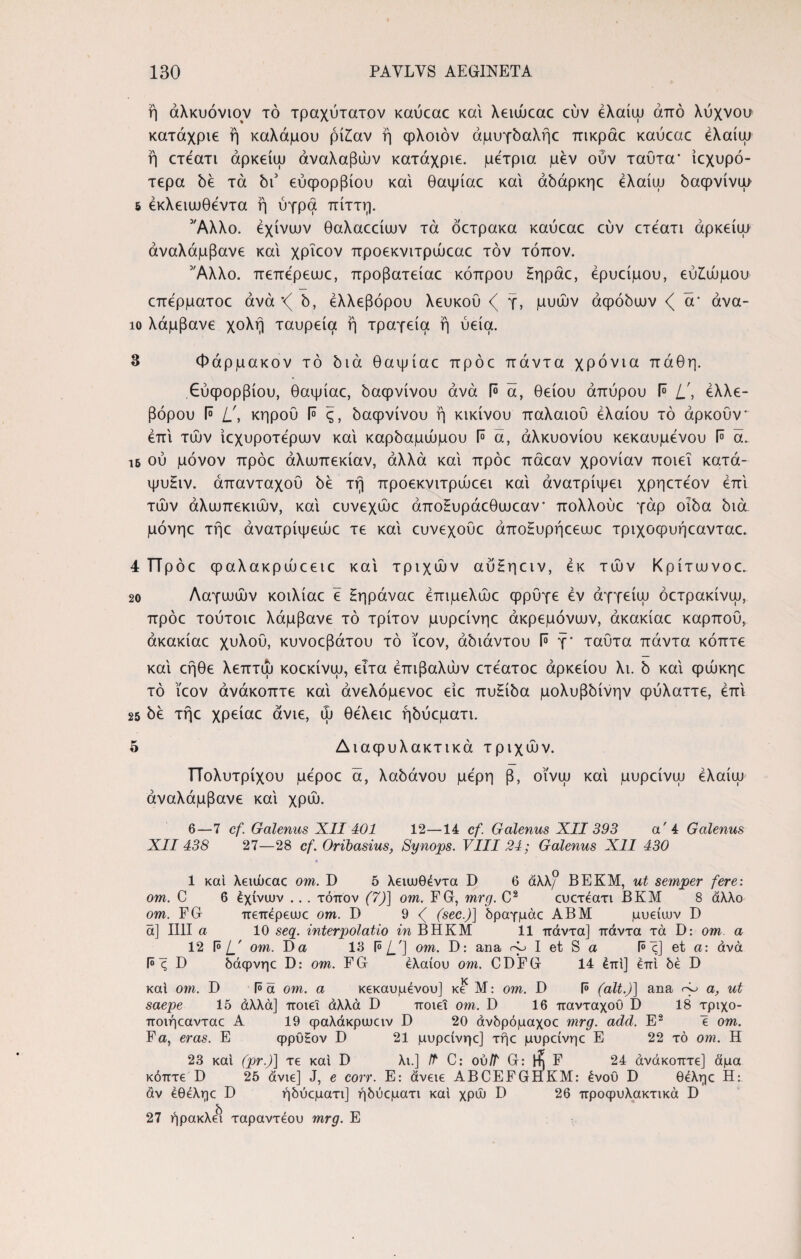 ή αλκυόνων τό τραχύτατον καύεαε και λειώεαε εύν έλαίψ από λύχνου κατάχριε ή καλάμου ρί£αν ή φλοιόν άμυγδαλήε πικράε καύεαε έλαίψ η ετέατι άρκείψ άναλαβών κατάχριε. μέτρια μεν ούν ταύτα* ίεχυρό- τερα όέ τα bi' εύφορβίου και θαψίαε και άόάρκηε ελαίψ όαφνίνψ 5 έκλειωθέντα ή άγρα πίττη. 'Άλλο, εχίνιυν θαλαεείιυν τα όετρακα καύεαε εύν ετέατι άρκείψ αναλάμβανε καί χρΐεον προεκνιτρώεαε τον τόπον. 'Άλλο, πεπέρεωε, προβατείαε κόπρου Ηηράε, έρυείμου, εύ£ώμου επέρματοε άνά *<( b, έλλεβόρου λευκού <( γ, μυών acpobuov ζ a* άνα- ιο λάμβανε χολή ταυρεία ή τραχεία ή ύεία. 3 Φάρμακον τό bia θαψίαε πρόε πάντα χρόνια πάθη. Εύφορβίου, θαψίαε, όαφνίνου άνά Γ° ά, θείου άπύρου I® έλλε¬ βόρου 1° κηρού Ρ ς, όαφνίνου ή κικίνου παλαιού ελαίου τό άρκούν* επί τών ίεχυροτέριυν καί καρόαμώμου F ά, άλκυονίου κεκαυμένου ί° ά. ΐ5 ού μόνον πρόε αλωπεκίαν, άλλα καί πρόε πάεαν χρονιάν ποιεί κατά- ψυΗιν. άπανταχού όέ τη προεκνιτρώεει καί άνατρίψει χρηετέον επί τών αλωπεκιών, καί ευνεχώε άποΗυράεθωεαν* πολλούε γάρ oiba bia μόνηε τήε άνατρίψεώε τε καί ευνεχοΰε άποΗυρήεεωε τριχοφυήεανταε. 4 Πρόε φαλακρώεειε καί τριχών αύ£ηειν, εκ τών Κρίτωνοε. 20 Λαγωών κοιλίαε ε Ηηράναε έπιμελώε φρύγε εν άγγείψ όετρακίνψ, πρόε τούτοιε λάμβανε τό τρίτον μυρείνηε άκρεμόνων, άκακίαε καρπού, άκακίαε χυλού, κυνοεβάτου τό ϊεον, άόιάντου ί° γ* ταύτα πάντα κόπτε καί εήθε λεπτώ κοεκίνψ, ειτα έπιβαλών ετέατοε άρκείου λι. b καί φώκηε τό ϊεον άνάκοπτε καί άνελόμενοε είε πυ£ίόα μολυβόίνην φύλαττε, επί 25 όέ τήε χρείαε άνιε, ψ θέλειε ήόύεματι. 5 Διαφυλακτικά τριχών. Πολύτριχου μέροε ά, λαόάνου μέρη β, οϊνψ καί μυρείνψ έλαίψ αναλάμβανε καί χρώ. 6—7 cf. Galenus XII 401 12—14 cf. Galenus XII 393 a'4 Galenus XII 438 27—28 cf. Oribasius, Synops. VIII 24; Galenus XII 430 1 καί λειώεαε om. D 5 λειωθέντα D 6 άλλ° BEKM, ut semper fere: om. C 6 έχίνιυν .. . τόπον (7)] om. FG, mrg. C2 ευετέατι BKM 8 άλλο om. FG πεπέρεωε om. D 9 <( (sec.)] δραγμάε ABM μυείων D ά] Illi a 10 seq. interpolatio in BHKM 11 πάντα] πάντα τα D: om a 12 Pom. D a 13 P/_'] om. D: ana ~ I et S α P ς] et a: άνά P ς D δάφνηε D: om. FG ελαίου om. CDFG 14 έπί] επί δε D καί om. D P ά om. a κεκαυμένου] κε Μ: om. D P (ait.)] ana ~ a, ut saepe 15 άλλα] ποιεί άλλά D ποιεί om. D 16 πανταχου D 18 τριχο- ποιήεανταε A 19 φαλάκρωειν D 20 άνδρόμαχοε mrg. add. E2 ε om. Fa, eras. E φρϋ£ον D 21 μυρείνηε] τήε μυρείνηε E 22 τό om. Η 23 καί (pr.)\ τε καί D λι.] ΙΡ C: ού/Γ G: F 24 άνάκοπτε] άμα κόπτε D 25 άνιε] J, e corr. Ε: άνειε ABCEFGHKM: ένου D θέληε Η: αν έθέληε D ήδύεματι] ήδύεματι καί χρώ D 26 προψυλακτικά D 27 ήρακλει ταραντέου mrg. Ε
