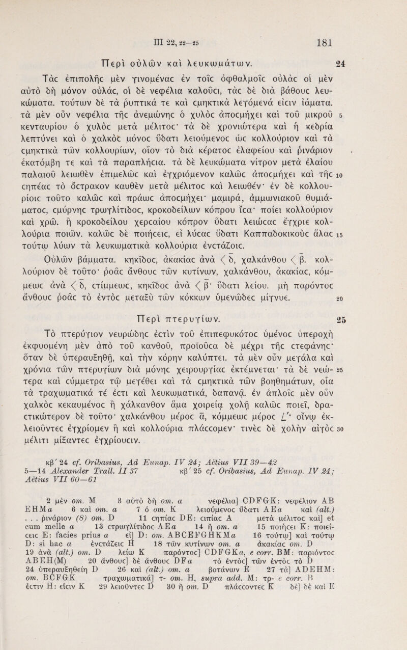 π ε ρ'ι ούλων και λευκωμάτων. 24 Τάε έπιπολήε μεν γινομεναε εν τοΐε όφθαλμοΐε ούλάε οι μεν αυτό δη μόνον ούλάε, οι δε νεφελια καλούει, τάε δε διά βάθουε λευ¬ κώματα. τούτων δε τα ρυπτικά τε και εμηκτικά λεγόμενό είαν ιάματα, τα μεν ούν νεφελια τήε άνεμώνηε ό χυλόε άποεμήχει και του μικρού 5 κενταυρίου ό χυλόε μετά μελιτοε* τα δε χρονιώτερα και η κεδρία λεπτύνει και ό χαλκόε μόνοε ύδατι λειούμενοε ώε κολλούριον και τά εμηκτικά των κολλουρίων, οιον τό διά κερατοε έλαφείου και ρινάριον εκατόμβη τε και τά παραπλήεια. τά be λευκώματα νίτρον μετά ελαίου παλαιού λειωθέν έπιμελώε και έγχριόμενον καλώε άποεμήχει και τήε ίο εηπεαε τό όετρακον καυθέν μετά μελιτοε καί λειωθεν* εν be κολλου- ρίοιε τούτο καλώε καί πράωε άποεμήχει’ μαμιρά, άμμωνιακοΰ θυμιά- ματοε, εμύρνηε τρωγλίτιδοε, κροκοδείλων κόπρου ϊεα’ ποίει κολλούριον καί χρώ. ή κροκοδείλου χερεαίου κόπρον ύδατι λειώεαε εγχριε κολ¬ λούρια ποιων, καλώε δε ποιήεειε, εί λύεαε ύδατι Καππαδοκικούε άλαε is τούτω λύων τά λευκωματικά κολλούρια ένετά£οιε. Ούλων βάμματα, κηκΐδοε, άκακίαε άνά δ, χαλκάνθου ζ β. κολ¬ λούριον δε τούτο' ροάε άνθουε των κυτίνων, χαλκάνθου, άκακίαε, κόμ- μεωε άνά δ, ετίμμεωε, κηκΐδοε άνά β' ύδατι λείου, μη παρόντοε άνθουε ροάε τό έντόε μεταΗύ των κόκκων ύμενώδεε μίγνυε. 2ο ΤΤερί πτερυγίων. 25 Τό πτερύγιον νευρώδηε έετίν τού έπιπεφυκότοε ύμενοε υπεροχή εκφυόμενη μεν από τού κανθού, προϊούεα δε μέχρι τήε ετεφάνηε* όταν δε ύπεραυΗηθή, καί τήν κόρην καλύπτει, τά μεν ούν μεγάλα καί χρόνια των πτερυγίων διά μόνηε χειρουργίαε έκτέμνεται* τά δε νεώ- 25 τέρα καί εύμμετρα τώ μεγεθει καί τά εμηκτικά των βοηθημάτων, οια τά τραχωματικά τε εετι καί λευκωματικά, δαπανά, εν άπλοΐε μεν ούν χαλκόε κεκαυμενοε ή χάλκανθον άμα χοιρεία χολή καλώε ποιεί, δρα- ετικώτερον δε τούτο’ χαλκάνθου μεροε ά, κόμμεωε μεροε //* οΐνω έκ- λειούντεε έγχρίομεν ή καί κολλούρια πλάεεομεν' τινέε δε χολήν αίγόε βο μελιτι μίΗαντεε έγχρίουειν. κβ'24 cf. Oribasius, Ad Ειιηαρ. IV 21; Aetius VII 39—42 5—14 Alexander Trall. II37 κβ' 25 cf. Oribasius, Ad Eunap. IV 24; Aetius VII 60—61 2 μεν om. M 3 αυτό δή om. a νεφελια] CDFGK: νεφέλιον AB EHMa 6 και om. a 7 ό om. K λειούμενοε ύδατι A E a καί (ait.) . . . βινάριον (8) om. D 11 εηπίαε DE: ειπίαε A μετά μελιτοε και] et cum meile a 13 ετρωγλίτιδοε AEa 14 ή om. a 15 ποιήεει K: ποιεί- εειε E: facies prius a εί] D: om. ABCEEGHKMa 16 τούτψ] και τούτφ D: si hac a ένετάζειε H 18 των κυτίνων om. a άκακίαε om. D 19 άνά (ait.) om. D λείω K παρόντοε] CDFGKa, e corr. BM: παριόντοε ABEH(M) 20 άνθουε] δε άνθουε DFa τό έντόε] των έντόε τό D 24 ύπεραυΗηθείη D 26 καί (ait.) om. α βοτάνων E 27 τά] ADEHM: om. BCFGK τραχωματικά] τ- om. H, supra add. Μ: τρ- e corr. B έετιν Η: είειν K 29 λειουντεε D 30 ή om. D πλάεεοντεε K δε] δε και E