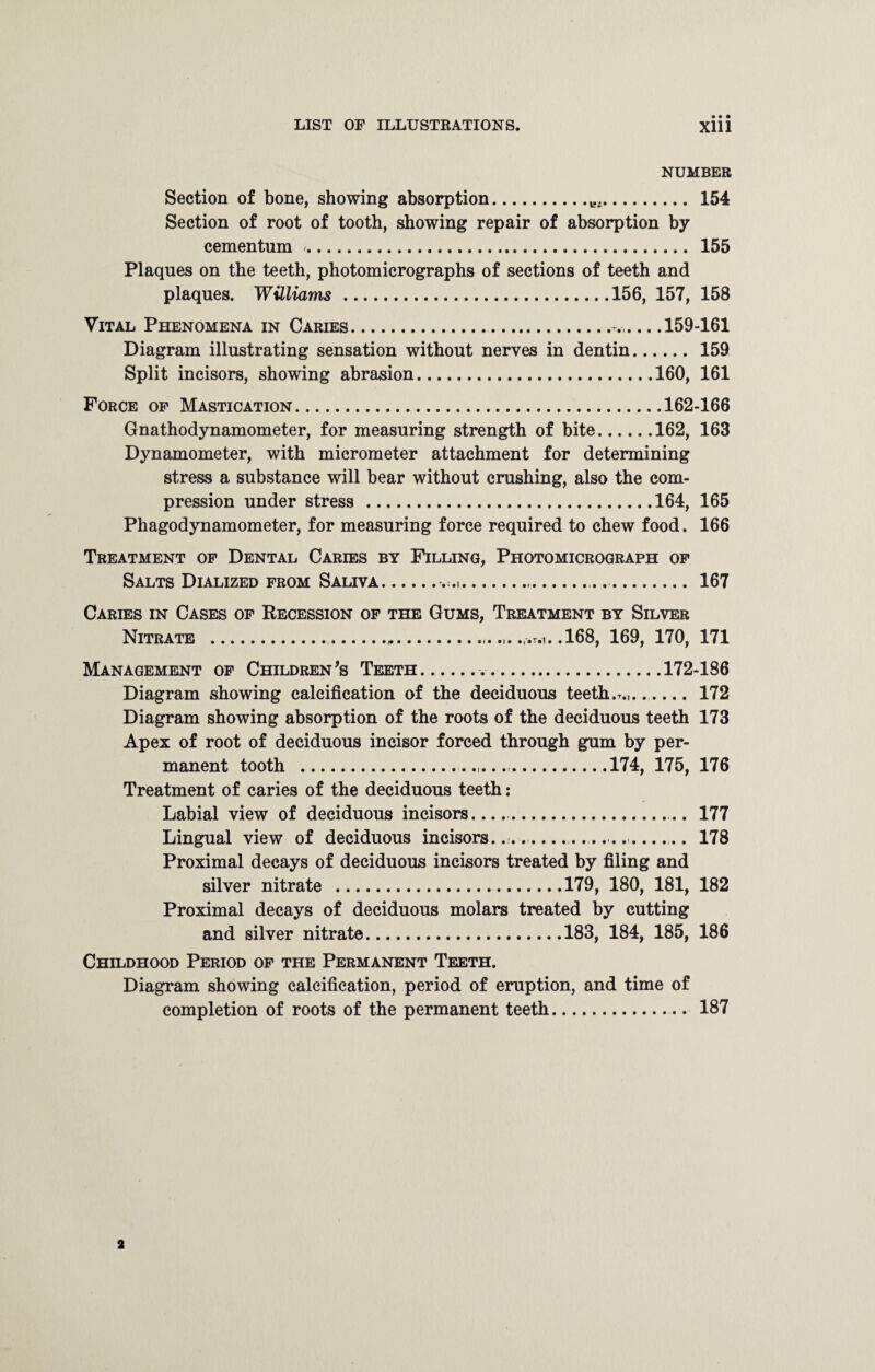 NUMBER Section of bone, showing absorption... 154 Section of root of tooth, showing repair of absorption by cementum . 155 Plaques on the teeth, photomicrographs of sections of teeth and plaques. Williams.156, 157, 158 Vital Phenomena in Caries. 159-161 Diagram illustrating sensation without nerves in dentin.159 Split incisors, showing abrasion.160, 161 Force of Mastication.162-166 Gnathodynamometer, for measuring strength of bite.162, 163 Dynamometer, with micrometer attachment for determining stress a substance will bear without crushing, also the com¬ pression under stress .164, 165 Phagodynamometer, for measuring force required to chew food. 166 Treatment of Dental Caries by Filling, Photomicrograph of Salts Dialized from Saliva... 167 Caries in Cases of Recession of the Gums, Treatment by Silver Nitrate ....,.. .168, 169, 170, 171 Management of Children’s Teeth...172-186 Diagram showing calcification of the deciduous teeth, t.,_ 172 Diagram showing absorption of the roots of the deciduous teeth 173 Apex of root of deciduous incisor forced through gum by per¬ manent tooth ..174, 175, 176 Treatment of caries of the deciduous teeth: Labial view of deciduous incisors....... 177 Lingual view of deciduous incisors...___ 178 Proximal decays of deciduous incisors treated by filing and silver nitrate .179, 180, 181, 182 Proximal decays of deciduous molars treated by cutting and silver nitrate.183, 184, 185, 186 Childhood Period of the Permanent Teeth. Diagram showing calcification, period of eruption, and time of completion of roots of the permanent teeth. 187 2