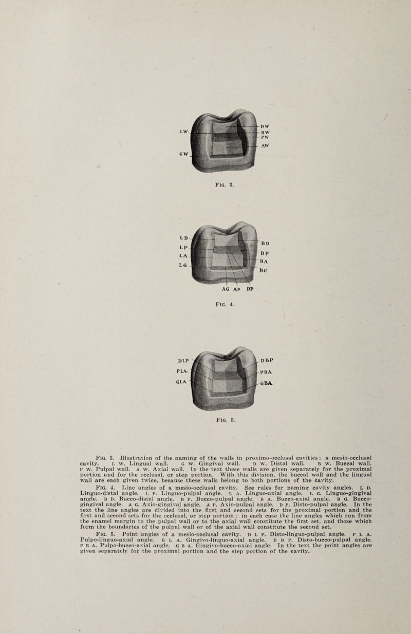 AG AP DP Fig. 4. Fig. 3. Illustration of the naming of the walls in proximo-occlusal cavities ; a mesio-occlusal cavity. L w. Lingual wall. G w. Gingival wall. d w. Distal wall. b w. Buccal wall, p w. Pulpal wall, a w. Axial wall. In the text these walls are given separately for the proximal portion and for the occlusal, or step portion. With this division, the buccal wall and the lingual wall are each given twice, because these walls belong to both portions of the cavity. Fig. 4. Line angles of a mesio-occlusal cavity. See rules for naming cavity angles. L D. Linguo-distal angle, l p. Linguo-pulpal angle. L A. Linguo-axial angle. L G. Linguo-gingival angle. B D. Bucco-distal angle. B p. Bucco-pulpal angle, b a. Bucco-axial angle. B G. Bucco- gingival angle. A G. Axio-gingival angle. A p. Axio-pulpal angle, d p. Disto-pulpal angle. In the text the line angles are divided into the first and second sets for the proximal portion and the first and second sets for the occlusal, or step portion ; in each case the line angles which run from the enamel margin to the pulpal wall or to the axial wall constitute the first set, and those which form the boundaries of the pulpal wall or of the axial wall constitute the second set. Fig. 5. Point angles of a mesio-occlusal cavity. D L p. Disto-linguo-pulpal angle. P L A. Pulpo-linguo-axial angle. G L A. Gingivo-linguo-axial angle, d b p. Disto-bucco-pulpal angle, p B A. Pulpo-bucco-axial angle. G b a. Gingivo-bucco-axial angle. In the text the point angles are given separately for the proximal portion and the step portion of the cavity.