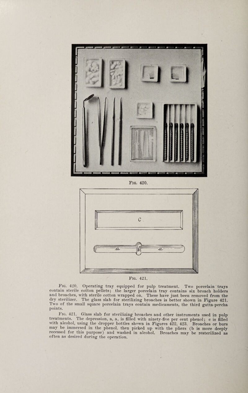 Fig. 420. Operating tray equipped for pulp treatment. Two porcelain trays contain sterile cotton pellets; the larger porcelain tray contains six broach holders and broaches, with sterile cotton wrapped on. These have just been removed from the dry sterilizer. The glass slab for sterilizing broaches is better shown in Figure 421. Two of the small square porcelain trays contain medicaments, the third gutta-percha points. Fig. 421. Glass slab for sterilizing broaches and other instruments used in pulp treatments. The depression, a, a, is filled with ninety-five per cent phenol; c is filled with alcohol, using the dropper bottles shown in Figures 422, 423. Broaches or burs may be immersed in the phenol, then picked up with the pliers (b is more deeply recessed for this purpose) and washed in alcohol. Broaches may be resterilized as often as desired during the operation.