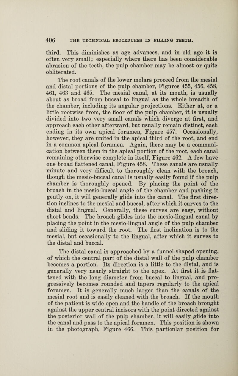 third. This diminishes as age advances, and in old age it is often very small; especially where there has been considerable abrasion of the teeth, the pulp chamber may be almost or quite obliterated. The root canals of the lower molars proceed from the mesial and distal portions of the pulp chamber, Figures 455, 456, 458, 461, 463 and 465. The mesial canal, at its mouth, is usually about as broad from buccal to lingual as the whole breadth of the chamber, including its angular projections. Either at, or a little rootwise from, the floor of the pulp chamber, it is usually divided into two very small canals which diverge at first, and approach each other afterward, but usually remain distinct, each ending in its own apical foramen, Figure 457. Occasionally, however, they are united in the apical third of the root, and end in a common apical foramen. Again, there may be a communi¬ cation between them in the apical portion of the root, each canal remaining otherwise complete in itself, Figure 462. A few have one broad flattened canal, Figure 458. These canals are usually minute and very difficult to thoroughly clean with the broach, though the mesio-buccal canal is usually easily found if the pulp chamber is thoroughly opened. By placing the point of the broach in the mesio-buccal angle of the chamber and pushing it gently on, it will generally glide into the canal. The first direc¬ tion inclines to the mesial and buccal, after which it curves to the distal and lingual. Generally, these curves are easy, without short bends. The broach glides into the mesio-lingual canal by placing the point in the mesio-lingual angle of the pulp chamber and sliding it toward the root. The first inclination is to the mesial, but occasionally to the lingual, after which it curves to the distal and buccal. The distal canal is approached by a funnel-shaped opening, of which the central part of the distal wall of the pulp chamber becomes a portion. Its direction is a little to the distal, and is generally very nearly straight to the apex. At first it is flat¬ tened with the long diameter from buccal to lingual, and pro¬ gressively becomes rounded and tapers regularly to the apical foramen. It is generally much larger than the canals of the mesial root and is easily cleaned with the broach. If the mouth of the patient is wide open and the handle of the broach brought against the upper central incisors with the point directed against the posterior wall of the pulp chamber, it will easily glide into the canal and pass to the apical foramen. This position is shown in the photograph, Figure 466. This particular position for