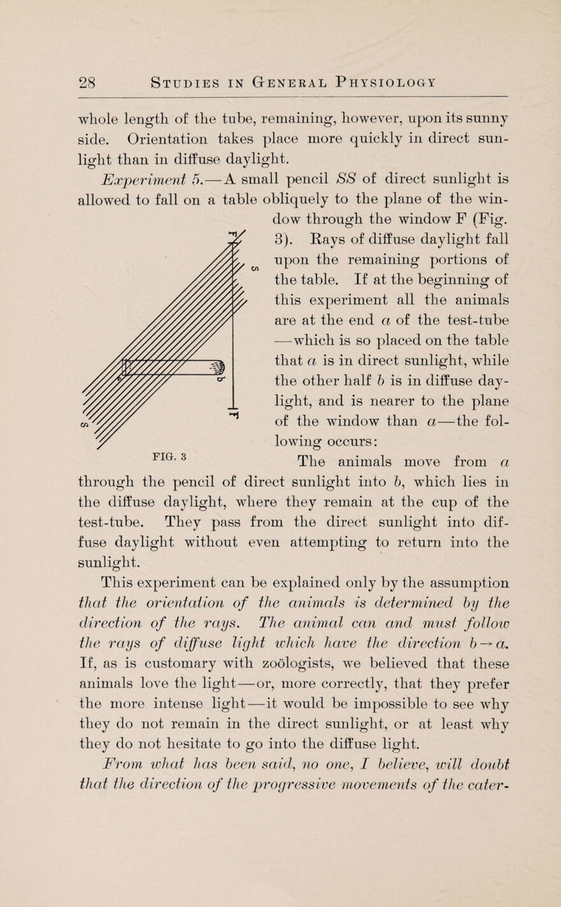 whole length of the tube, remaining, however, upon its sunny side. Orientation takes place more quickly in direct sun¬ light than in diffuse daylight. Experiment 5.—A small pencil SS of direct sunlight is allowed to fall on a table obliquely to the plane of the win¬ dow through the window F (Fig. 3). Pays of diffuse daylight fall upon the remaining portions of the table. If at the beginning of this experiment all the animals are at the end a of the test-tube —which is so placed on the table that a is in direct sunlight, while the other half b is in diffuse day¬ light, and is nearer to the plane of the window than a—the fol¬ lowing occurs: The animals move from a through the pencil of direct sunlight into b, which lies in the diffuse daylight, where they remain at the cup of the test-tube. They pass from the direct sunlight into dif¬ fuse daylight without even attempting to return into the sunlight. This experiment can be explained only by the assumption that the orientation of the animals is determined by the direction of the rays. The animal can and must follow the rays of diffuse light which have the direction b-*a. If, as is customary with zoologists, we believed that these animals love the light—or, more correctly, that they prefer the more intense light—it would be impossible to see why they do not remain in the direct sunlight, or at least why they do not hesitate to go into the diffuse light. From what has been said, no one, I believe, will doubt that the direction of the progressive movements of the cater-