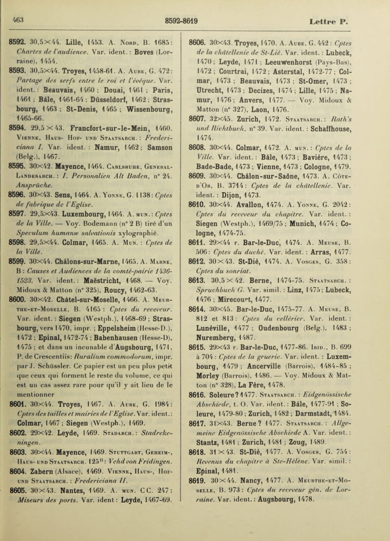 8592. 30,5x44. Lille, 1453. A. Nohd, B. 1685: Charles dc iaudience. Var. ident.: Boves (Lor¬ raine), 1454. 8593. 30,5x44. Troyes, 1458-61. A. Aube, G. 472: Partage des serf's entre le roi et I’eveque. Var. ident.: Beauvais, 1460; Douai, 1461 ; Paris, 1461; Bale, 1461-64; Diisseldorf, 1462; Stras¬ bourg, 1463 ; St-Denis, 1465 ; Wissenbourg, 1465-66. 8594. 29,5x43. Francfort-sur-le-Mein, 1460. Vienne, Haus- Hof- und Staatsarch. : Frederi- ciana /. Var. ident.: Namur, 1462; Samson (Belg.), 1467. 8595. 30x42. Mayence, 1464. Carlshuhe, General- Landesarch. : I. Personalien Alt Baden, n° 24. Anspruche. 8596. 30x43. Sens, 1464. A. Yonne, G. 1138: Cptes de fabrique de I’Eglise. 8597. 29,5x43. Luxembourg, 1464. A. mun.: Cptes de la Ville. — Voy. Bodemann (n° 2 B) tire d’un Speculum humanm salvationis xylographie. 8598. 29,5x44. Colmar, 1465. A. Mun. : Cptes de la Ville. 8599. 30x44. Chalons-sur-Marne, 1465. A. Marne, B : Causes et Audiences de la comte-pairie IU36- 1523. Var. ident.: Maastricht, 1468. — Voy. Midonx & Matton (n° 325), Roucy, 1462-63. 8600. 30x42. Chatel-sur-Moselle, 1466. A. Meur- the-et-Moselle, B. 4165 : Cptes du receveur. Var. ident. : Siegen (Westph.), 1468-69; Stras¬ bourg, vers 1470, impr. ; Eppelsheim (Hesse-D), 1472 ; Epinal, 1472-74 ; Babenhausen (Hesse-D), 1475 ; et dans un incunable d Augsbourg, 1471, P. de Crescentiis: Ruralium commodorurn, impr. par J. Schussler. Ce papier est un peu plus petit que ceux qui forment le reste du volume, ce qui est un cas assez rare pour qu’il y ait lieu de le mentionner 8601. 30x44. Troyes, 1467. A. Aube, G. 1984: Cptes des tallies et mairies de I’Eglise. Var. ident.: Colmar, 1467 ; Siegen (Westph ), 1469. 8602. 29x42. Leyde, 1469. Stadarch. : Stadrehe- ningen. 8603. 30x44. Mayence, 1469. Stuttgart, Geheim-, Haus-und Staatsarch. 12511: Vehd von Fridingen. 8604. Zabern (Alsace), 1469. Vienne,. Haus-, Hof- und Staatsarch. : Fredericiana II. 8605. 30x43. Nantes, 1469. A. mun. CC. 247: Miseurs des ports. Var. ident : Leyde, 1467-69. 8606. 30x43. Troyes, 1470. A. Aube, G. 442 : Cptes de la chdtellenie de St-Li£. Var. ident. : Lubeck, 1470; Leyde, 1471 ; Leeuwenhorst (Pays-Bas), 1472; Courtrai, 1472; Asterstal, 1472-77; Col¬ mar, 1473 ; Beauvais, 1473 ; St-Omer, 1473 ; Utrecht, 1473; Decizes, 1474; Lille, 1475; Na¬ mur, 1476; Anvers, 1477.— Voy. Midoux & Matton (n° 327), Laon, 1476. 8607. 32x45. Zurich, 1472. Staatsarch. : Bath’s und. Bichtbuch, n° 39. Var. ident. : Schaffhouse, 1474. 8608. 30x44. Colmar, 1472. A. mun. : Cptes de la Ville. Var. ident. : Bale, 1473 ; Baviere, 1473 ; Bade-Bade, 1473 ; Vienne, 1473 ; Cologne, 1479. 8609. 30x44. Chalon-sur-Saone, 1473. A. Cote- d'Or, B. 3714: Cptes de la chdtellenie. Var. ident. : Dijon, 1473. 8610. 30x44. Avallon, 1474. A. Yonne, G. 2042: Cptes du receveur du chapitre. Var. ident. : Siegen (Westph.), 1469/75; Munich, 1474; Co¬ logne, 1474-75. 8611. 29x44 r. Bar-le-Duc, 1474 . A. Meuse, B. 506: Cptes du duche. Var. ident. : Arras, 1477. 8612. 30X43. St-Die, 1474. A. Vosges, G. 358: Cptes du sonriat. 8613. 30,5 X 42. Berne, 1474-75. Staatsarch.: Spruchbuch G. Var. simil. : Linz, 1475; Lubeck, 1476 ; Mirecou^t, 1477. 8614. 30x45. Bar-le-Duc, 1475-77. A. Meuse, B. 812 et 813: Cptes du cellerier. Var. ident.: Luneville, 1477 ; Oudenbourg (Belg.), 1483 ; Nuremberg, 1487. 8615. 29x43 r. Bar-le-Duc, 1477-86. Ibid., B. 699 a 704 : Cptes de la gruerie. Var. ident. : Luxem¬ bourg, 1479 ; Ancerville (Barrois), 1484-85 ; Morley (Barrois), 1486. — Voy. Midoux & Mat- ton (n° 328), La Fere, 1478. 8616. Soleure? 1477. Staatsarch. : Eidgenossische Abschiede, t. O. Var. ident.: Bale, 1477-91 ; So¬ leure, 1479-80 ; Zurich, 1482; Darmstadt, 1484. 8617. 31x43. Berne? 1477. Staatsarch.: Allge- meine Eidgenossische Abschiede A. Var. ident.: Stantz, 1481 ; Zurich, 1481,; Zoug, 1489. 8618. 31 X43. St-Die, 1477. A. Vosges, G. 754: Bevenus du chapitre a Stc-Hilene. Var. simil. : Epinal, 1481. 8619. 30 x44. Nancy, 1477. A. Meurthf.-et-Mo- selle, B. 973 : Cptes du receveur gen. de Lor¬ raine. Var. ident.: Augsbourg, 1478.