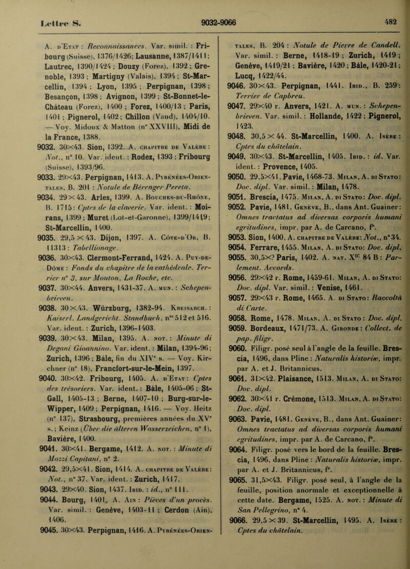 lit'ttre S. A. d'Etat : Reconnaissances. Var. simil. : Fri¬ bourg (Suisse), 1376/1426; Lausanne, 1387/1411; Lautrec, 1390/1424; Douzy (Forez), 1392; Gre¬ noble, 1393; Martigny (Valais), 1394; St-Mar- cellin, 1394 ; Lyon, 1395; Perpignan, 1398; Besangon, 1398; Avignon, 1399; St-Bonnet-le- Chateau (Forex), 1400; Forez, 1400/13; Paris, 1401 ; Pignerol, 1402; Ghillon (Vaud), 1404/10. — Voy. Midoux & Matton (n XXVIII), Midi de la France, 1388. 9032. 30x43. Sion, 1392. A. chapitre de Valere: Not., n° 10. Var. ident. : Rodez, 1393 ; Fribourg (Suisse), 1393/96. 9033. 29x43. Perpignan, 1413. A. Pyrenees-Orien- tat.es, B. 201 : Notule de Berenger Pereta. 9034. 29x43. Arles, 1399. A. Bouches-di-Rhone, B. 1715: Cptes de la claverie. Var. ident. : Moi- rans, 1399 ; Muret (Lot-et-Garonne), 1399/1419; St-Marcellin, 1400. 9035. 29,5x43. Dijon, 1397. A. C6te-d’0r, B. 11313: Tabellionage. 9036. 30x43. Clermont-Ferrand, 1424. A. Puy-de- Dome : Fonds du chapitre de la cathedrale. Ter¬ rier n° 3, sar Monton, La Roche, etc. 9037. 30x44. Anvers, 1431-37. A. mu n . : Schepen- bcieven. 9038. 30 X.43. Wurzburg, 1382-94. Ivreisarch. : Kaiserl. Landgericht. Standbuch, nos5l2et 516. Var. ident. : Zurich, 1396-1403. 9039. 30x43. Milan, 1395. A. not. : Minute di Degani Gioannino. Var. ident. : Milan, 1394-96; Zurich, 1396; Bale, fin du XIV® s. — Voy. Kir- cliner (n° 18), Francfort-sur-le-Mein, 1397. 9040. 30x42. Fribourg, 1405. A. d’Etat: Cptes des tresoriers. Var. ident. : Bale, 1405-06 ; St- Gall, 1405-13 ; Berne, 1407-10 ; Burg-stir-le- Wipper, 1409; Perpignan, 1416. — Voy. Heitz (n° 137), Strasbourg, premieres annees du XV® s.; Keinz (Ubcr die dlleren Wasserzeichen, n” 1), Baviere, 1400. 9041. 30x41. Bergame, 1412. A. not. : Minute di Mozzi Capitani, n° 2. 9042. 29,5x41. Sion, 1414. A. chapitre de Valere: Not., n° 37. Var. ident. : Zurich, 1417. 9043. 29x40. Sion, 1437. Ibid. : id., n° 111. 9044. Bourg, 1401, A. Ain : Pieces d’un proces. Var. simil. : Geneve, 1403-11 ; Cerdon (Ain), 1406. 9045. 30x43. Perpignan, 1416. A. Pyrenees-Orien- tales, R. 204 : Notule de Pierre de Candell. Var. simil. : Berne, 1418-19 ; Zurich, 1419 ; Geneve, 1419/21; Baviere, 1420 ; Bale, 1420-21; Lucq, 1422/44. 9046. 30x43. Perpignan, 1441. Ibid., B. 259: Terrier de Capbreu. 9047. 29x40 r. Anvers, 1421. A. mun. : Schepen- brieven. Var. simil. : Hollande, 1422 ; Pignerol, 1423. 9048. 30,5 x 44. St-Marcellin, 1400. A. I sere : Cptes du chute Inin. 9049. 30x43. St-Marcellin, 1405. Ibid. : id. Var. ident.: Provence, 1405. 9050. 29,5X41. Pavie, 1468-73. Milan, A. di Stato: Doc. dipl. Var. simil. : Milan, 1478. 9051. Brescia, 1475. Milan, A. DI Stato: Doc. dipt. 9052. Pavie, 1481. Geneve, B., dans Ant. Guainer: Omnes tractatus ad divers as corporis huniani egritudines, impr. par A. de Carcano, f°. 9053. Sion, 1400. A. chapitre de Valere: Not., n°34. 9054. Ferrare, 1455. Milan, A. DI Stato: Doc. dipl. 9055. 30,5X? Paris, 1402. A. NAT. Xic 84 B : Par¬ le meat. Accords. 9056. 29x42 r. Rome, 1459-61. Milan, A. di Stato: Doc. dipl. Var. simil. : Venise, 1461. 9057. 29x43 r. Rome, 1465. A. di Stato: Raccolfd di Carte. 9058. Rome, 1478. Milan, A. di Stato: Doc. dipl. 9059. Bordeaux, 1471/73. A. Gironde: Collect, de pap. filigr. 9060. Filigr. pose seul a Tangle de la feuille. Bres¬ cia, 1496, dans Pline : Naturalis histories, impr. par A. etJ. Britannicus. 9061. 31x42. Plaisance, 1513. Milan, A. DI Stato: Doc. dipl. 9062. 30x41 r. Cremone, 1513. Milan, A. di Stato: Doc. dipl. 9063. Pavie, 1481. Geneve, B., dans Ant. Guainer: Omnes tractatus ad diversas corporis humani egritudines, impr. par A. de Carcano, f°. 9064. Filigr. pose vers le bord de la feuille. Bres¬ cia, 1496, dans Pline : Naturalis historias, impr. par A. et J. Britannicus, f°. 9065. 31,5x43. Filigr. pose seul, a Tangle de la feuille, position anormale et exceptionnelle a cette date. Bergame, 1525. A. not. : Minute di San Pellegrino, n° 4. 9066. 29,5x39. St-Marcellin, 1495. A. Isere : Cptes du c hate lain.