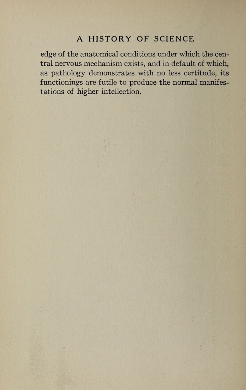 edge of the anatomical conditions under which the cen¬ tral nervous mechanism exists, and in default of which, as pathology demonstrates with no less certitude, its functionings are futile to produce the normal manifes¬ tations of higher intellection.