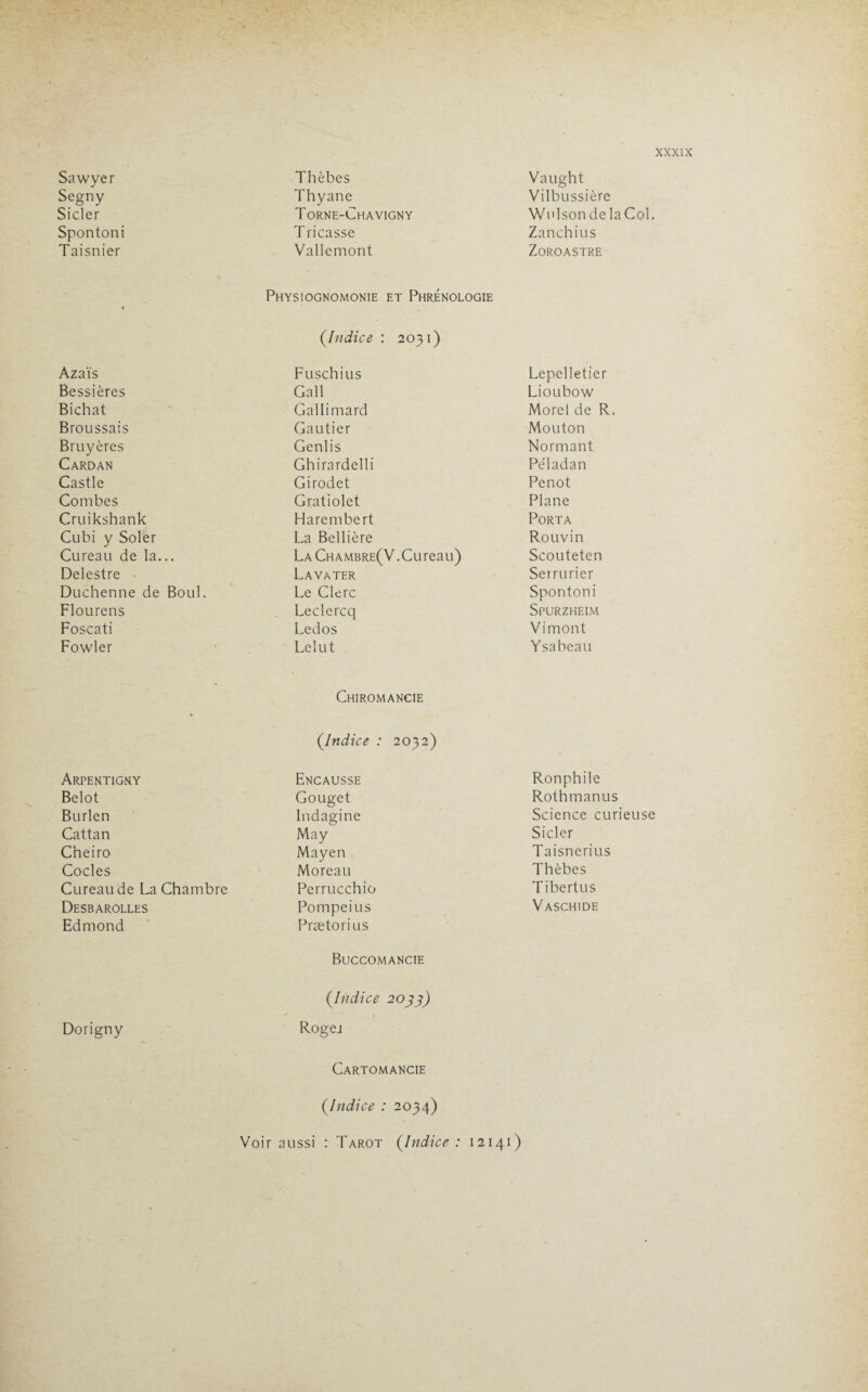 Sawyer Thèbes Vaught Segny Thyane Vilbussière Sicler Torne-Chavigny WulsondelaCol. Spontoni T ricasse Zanchius Taisnier Vallemont Physiognomonie et Phrénologie (Indice : 2031) Zoroastre Azaïs Fuschius Lepelletier Bessières Gall Lioubow Bichat Gallimard Morel de R. Broussais Gautier Mouton Bruyères Genlis Normant Cardan Ghirardelli Pe'ladan Castle Girodet Penot Combes Gratiolet Plane Cruikshank Harembert Porta Cubi y Soler La Bellière Rouvin Cureau de la... La Chambre(V.Cureau) Scouteten Delestre Lava ter Serrurier Duchenne de Boul. Le Clerc Spontoni Flourens Leclercq Spurzheim Foscati Ledos Vimont Fowler Lelut Ysabeau Chiromancie (.Indice : 2032) Arpentigny Encausse Ronphile Belot Gouget Rothmanus Burlen Indagine Science curieuse Cattan May Sicler Cheiro Mayen Taisnerius Codes Moreau Thèbes Cureau de La Chambre Perrucchio Tibertus Desbarolles Pompeius Vaschide Edmond Prætorius Buccomancie (.Indice 2033) Dorigny Rogej Cartomancie (Indice : 2034) Voir aussi : Tarot (Indice : 12141)