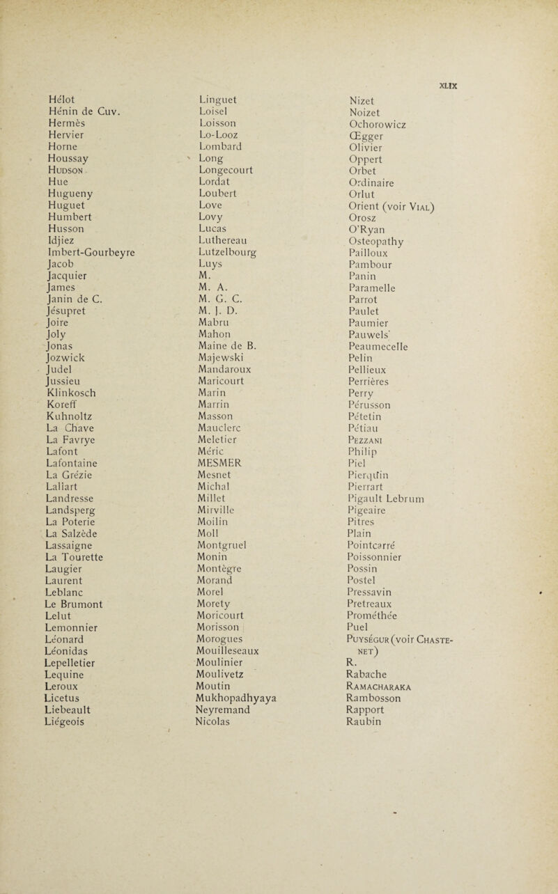 XLÎX Hélot Hénin de Cuv. Hermès Hervier Horne Houssay Hudson Hue Hugueny Huguet Humbert Husson Idjiez Imbert-Gourbeyre Jacob Jacquier James Janin de C. Jésupret Joire Joly Jonas Jozwick Judel Jussieu Klinkosch Koreff Kuhnoltz La Chave La Favrye Lafont Lafontaine La Grézie Lallart Landresse Landsperg La Poterie La Salzède Lassaigne La Tourette Laugier Laurent Leblanc Le Brumont Lelut Lemonnier Léonard Léonidas Lepelletier Lequine Leroux Licetus Liebeault Lie'geois Linguet Loi sel Loi s son Lo-Looz Lombard Long Longecourt Lordat Loubert Love Lovy Lucas Luthereau Lutzelbourg Luys M. M. A. M. G. C. M. J. D. Mabru Mahon Maine de B. Majewski Mandaroux Maricourt Marin Marrin Masson Mauclerc Meleticr Méric MESMER Mesnet Mi ch al Millet Mi rv il le Moilin Moll Montgruel Monin Montègre Morand Morel Morety Moricourt Morisson Morogues Mouilleseaux Moulinier Moulivetz Moutin Mukhopadhyaya Neyremand Nicolas Nizet Noizet Ochorowicz Œgger Olivier Oppert Orbet Ordinaire Orlut Orient (voir Vial) Orosz O’Ryan Osteopathy Pailloux Pambour Pan in Paramelle Parrot Paulet Paurnier Pauwels' Peaumecelle Pelin Pellieux Perrières Perry Pérusson Pétetin Pétiau Pezzani Philip Piel Pierqiîin Pierrart Pigault Lebrum Pigeaire Pitres Plain Pointcarre' Poissonnier Possin Postel Pressavin Pretreaux Prométhée Puel PuYsÉGUR(voir Chaste- net) R. Rabache Ramacharaka Rambosson Rapport Raubin