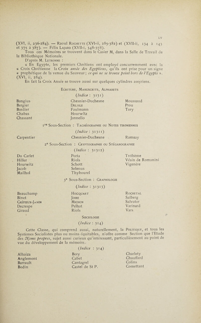 (XVI, ii, 236-284). — Raoul Rochette (XVI-ii, 285-382) et (XVlI-ii, 134 à 143 et 375 à 387). — Félix Lajard (XVII-i, 348-378). Tous ces Mémoires se trouvent dans le Casier M, dans la Salle de Travail de la Bibliothèque Nationale. D’après M. Letronne : « En Egypte, les premiers Chrétiens ont employé concurremment avec la « Croix Chrétienne la Croix ansèe des Egyptiens, qu'ils ont prise pour un signe « prophétique de la venue du Sauveur; ce qui ne se trouve point hors de l’Egypte ». (XVI, ii, 284). En fait la Croix Ansée se trouve aussi sur quelques cylindres assyriens. Ecriture, Manuscrits, Alphabets (Indice : 3131) Bangius Chesnier-Duchesne Moussaud Bergier Delisle Prou Bordier Faulmann Tory Chabas Hourwftz Chassant Jannello ire Sous-Section : Tachéographie ou Notes tironiennes (.Indice : 3 13 1 1) Carpentier Chesnier-Duchesne Ramsay 2e Sous-Section : Cryptographie ou Stéganographie (.Indice : 31312) Du Carlet Porta Trithème Hiller Riols Vésin de Romanini Hourwitz Schott Vigenère Jacob Selenus Mailhol Thybourel 3e Sous-Section : Graphologie (Indice : 3 1313) Beauchamp Hocquart Rochetal Binet Joire Salberg Crépieux-Jamin Michon Salvator Decrespe Pelhat Varinard Giraud Riols Vars Sociologie (.indice : 314) Cette Classe, qui comprend aussi, naturellement, la Politique, et tous les Systèmes Socialistes plus ou moins équitables, n’offre comme Section que l’Etude des Ch(oms propres, sujet aussi curieux qu’intéressant, particulièrement au point de vue du développement de la mémoire.- Alhaiza Anglemont Barrault Bodin (,Indice 1314) Bory Cabet Cantagrel Castel de St P. Charlety Chauffard Colins Comettant