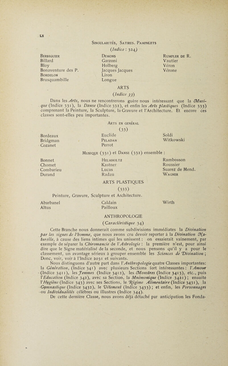 Berbiguier Billard Bloy Bonaventure des P. Bordelon Brusquambille Singularités, Satires. Pamphlets (.Indice : 324) Démons Garzoni Holberg Jacques Jacques Liron Longue Rumpler de R. Vautier Véron Vérone ARTS (Indice 33) Dans les Arts, nous ne rencontrerons guère nous intéressant que la 1Musi¬ que (Indice 33 1), la Danse (Indice 332), et enfin les Arts plastiques (Indice 333) comprenant la Peinture, la Sculpture, la Gravure et l’Architecture. Et encore ces classes sont-elles peu importantes. Arts en général (33) Bordeaux Euclide Soldi Bridgman Peladan Witkowski Cozanet Perrot Musique (331) et Danse (332) ensemble : Bonnet Helmholtz Rambosson Chomet Kastner Roussier Combarieu Lucas Suarez de Mend. Durand Radau ARTS PLASTIQUES (333) Wagner Peinture , Gravure, Sculpture et Architecture. Abarbanel Caldain Wirth Altus Pailloux ANTHROPOLOGIE (Caractéristique 34) Cette Branche nous donnerait comme subdivisions immédiates la Divination par les signes de l’homme, que nous avons cru devoir reporter à la Divination Ch(a- turelle, à cause des liens intimes qui les unissent : on essaierait vainement, par exemple de séparer la Chiromancie de Y Astrologie : la première n’est, pour ainsi dire que le Signe matérialisé de la seconde, et nous pensons qu’il y a pour le classement, un avantage sérieux à grouper ensemble les Sciences de Divination ; Donc, voir, voir à l’Indice 2031 et suivants. Nous distinguons d’autre part dans Y Anthropologie quatre Classes importantes: la Génération, (Indice 341) avec plusieurs Sections fort intéressantes: Y Amour (Indice 3411), les femmes (Indice 3412), les {Monstres (Indice 3413), etc., puis Y Education (Indice 342), avec sa Section, la Mnémonique (Indice 3421); ensuite Y Hygiène (Indice 343) avec ses Sections, le 7Régime Alimentaire (Indice 3431), la Gymnastique (Indice 3432), le Vêtement (Indice 3433) ; et enfin, les Personnages ou Individualités célèbres ou illustres (Indice 344). De cette dernière Classe, nous avons déjà détaché par anticipation les Fonda-