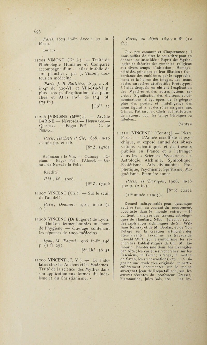 Paris, 1825, in-8°. Avec 1 gr. ta¬ bleau. Paris, 17.). au depot, 1850. in-8° (12- Curieux. u205 V1M0NT (Dr J.). — Traité de Phrénologie Humaine et Comparée accompagné d'un... atlas in-folio de 120 planches... par J. Vimont, doc¬ teur en médecine... ‘Paris, J. B. Baillière, 1835, 2 vol. in-40 de 329-VII et VIII-654-VI p. p. d’explication des plan- Atlas in-f° de 134 pl. plus 103 ches et (75 fr-> [Tbr,t 32 11206 [V1NCENS (Mme).]. — Arvède BARINE.— Névrosés.— Hoffmann.— Quincey. — Edgar Poë. — G. de Nerval. Paris, Hachette et Cie, 1898, in-16 de 362 pp. et tab. [8° Z. 14761 Hoffmann : le Vin. — Quincey : l’O¬ pium. — Edgar Poë : l'Alcool. — Gé¬ rard de Nerval : la Folie. Réédité : Ibid., ld., 1908. [8° Z. 1 7306 n 207 VINCENT (Ch.). — Sur le seuil de l’au-delà. Ouv. peu commun et d’importance ; iî nous suffira de citer le sous-titre pour en donner une juste idée : Esprit des Mytho- logies et théories des symboles religieux aux divers temps d’initiation ; Homogé¬ néité des principes et leur filiation ; Con¬ cordance des emblèmes par le rapproche¬ ment et la liaison des images, des noms et des caractères attributifs ; Prototypes, à l’aide desquels on obtient l’explication des Mystères et des autres fictions sa¬ crées ; Signification des divisions et dé¬ nominations allégoriques de la géogra¬ phie des poètes, et l’intelligence des noms figuratifs et des rôles assignés aux Génies, Patriarches, Chefs et Instituteurs de nations, pour les temps héroïques ou fabuleux. (G-272 1121o [V1NCENTI (Comte)]. — Pierre Piobb. — L’Année occultiste et psy¬ chique, ou exposé annuel des obser¬ vations scientifiques et des travaux publiés en France et à l’étranger dans les « Sciences Mystérieuses » Astrologie, Alchimie, Symbolique, Esotérisme, Arts divinatoires, Pro¬ phétique, Psychisme, Spiritisme, Ma¬ gnétisme. Première année. Paris, H. TDaragon, 1908, in-18 302 p. (2 17.). [8° R. 22272 (i*'e année : 1907). Paris, Douniol, 1901, in-12 (2 fr.). 1 1208 VINCENT (Dr Eugène) de Lyon. — Doit-on fermer Lourdes au nom de l’hygiène. — Ouvrage contenant les réponses de 3000 médecins. Lyon, M. Paquet, 1906, in-8° 146 p. (1 fr. 23). [8° Lk7. 36145 11209 VINCENT (F. V.). — De Lido¬ lâtrie chez les Anciens et les Modernes. Traité de la science des Mythes dans son application aux formes du Juda¬ ïsme et du Christianisme. - Recueil indispensable pour quiconque veut se tenir au courant du mouvement occultiste dans le monde entier. — Il contient l’analyse des travaux astrologi¬ ques de Flambart, Nébo, Julevno, etc... des expériences alchimiques de Sir Wil¬ liam Ramsay et de M. Bordas, et de Yon Delage sur la création artificielle des êtres vivants ; il examine les travaux de Oswald Wirth sur le symbolisme, les re¬ cherches kabbalistiques de Ch. M. Li¬ mousin : l’ésotérisme dans les Evangiles par Alta ; les curieuses recherches sur les Esséniens, de Téder ; la Yoga, le mythe de Satan, les réincarnations, etc— À si¬ gnaler une étude très originale et parti¬ culièrement documentée sur le moine auvergnat Jean de Roquetaillade, sur les œuvres récentes du professeur Grasset, Flammarion, Jules Bois, etc... : les h y-