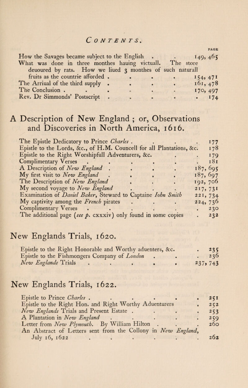 PAGE How the Savages became subject to the English . . 149, 465 What was done in three monthes hauing victuall. The store deuoured by rats. How we liued 3 monthes of such naturall fruits as the countrie afforded . . . . 154, 471 The Arriual of the third supply . . • . 161, 478 The Conclusion . . • - . « 170, 497 Rev. Dr Simmonds’ Postscript „ . • • .174 A Description of New England ; or, Observations and Discoveries in North America, 1616. The Epistle Dedicatory to Prince Charles . . . .177 Epistle to the Lords, &c., of H.M. Councell for all Plantations, &c. 178 Epistle to the Right Worshipfull Adventurers, See. . .179 Complimentary Verses . . . . . .181 A Description of New England , . , . 187, 695 My first visit to New England . , » 187, 697 The Description of New England , . . 192, 706 My second voyage to New England . . . 217, 731 Examination of Daniel Baker, Steward to Captaine Iohn Smith 221, 734 My captivity among the French pirates . . . 224, 736 Complimentary Verses . . . . . .230 The additional page (see p. cxxxiv) only found in some copies . 232 New Englands Trials, 1620. Epistle to the Right Honorable and Worthy aduenters, &c. . 235 Epistle to the Fishmongers Company of London 236 New Englands Trials . . . . . 237, 743 New Englands Trials, 1622. Epistle to Prince Charles . . . . • .251 Epistle to the Right Hon. and Right Worthy Aduenturers . 252 New Englands Trials and Present Estate . . . . 253 A Plantation in New England . . . . .259 Letter from New Plymouth. By William Hilton . . . 260 An Abstract of Letters sent from the Collony in New England, July 16, 1622 ...... 262