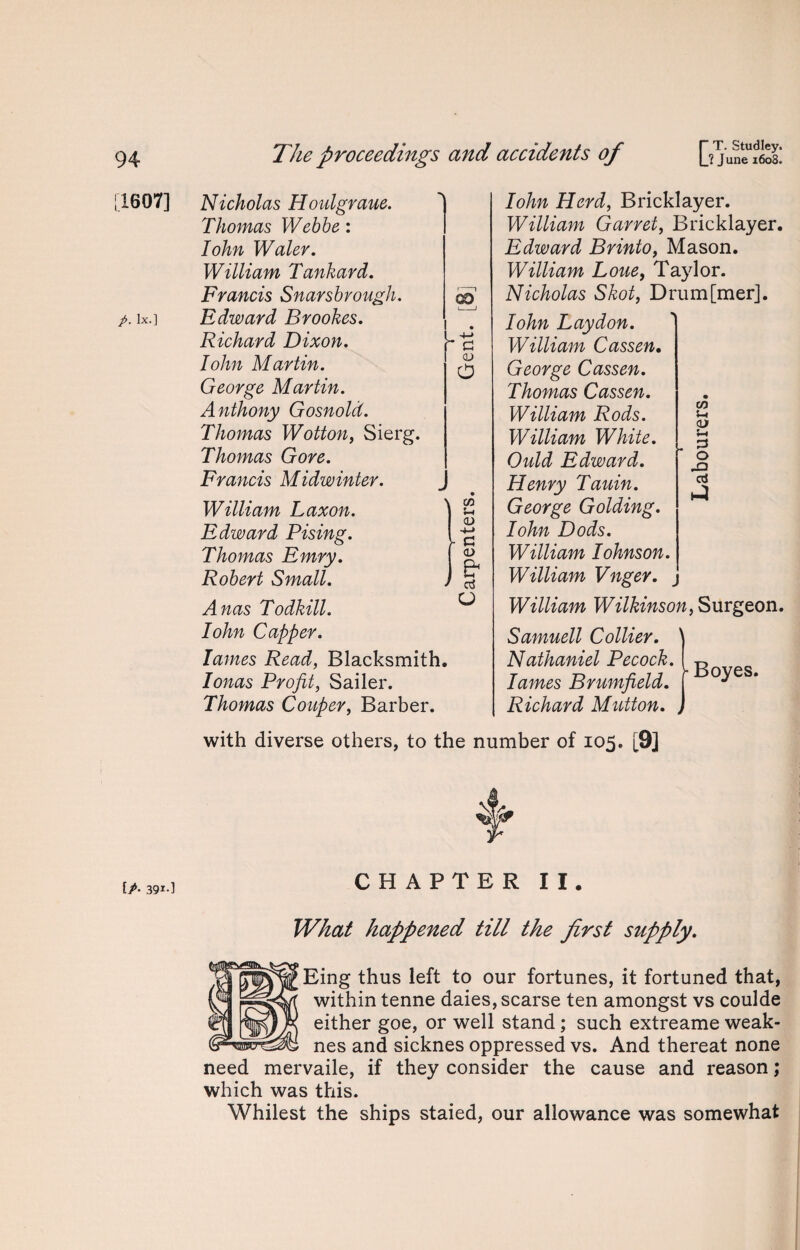 [1607] p. lx.] IP- 391-1 Nicholas Houlgraue. Thomas Webbe: Iohn Water. William Tankard. Francis Snarsbrough. Edward Brookes. Richard Dixon. Iohn Martin. George Martin. Anthony Gosnold. Thomas Wotton, Sierg. Thomas Gore. Francis Midwinter. William Laxon. Edward Pising. Thomas Emry. Robert Small. Anas Todkill. Iohn Capper. lames Read, Blacksmith. Ionas Profit, Sailer. Thomas Conper, Barber. Iohn Herd, Bricklayer. William Garret, Bricklayer. Edward Brinto, Mason. William Lone, Taylor. Nicholas Skot, Drum[mer]. Iohn Lay don. William Cassen. George Cassen. Thomas Cassen. William Rods. William White. Quid Edward. Henry Tauin. George Golding. Iohn Dods. William lohnson. William Vnger. William Wilkinson, Surgeon. Samuell Collier. \ Nathaniel Pecock. lames Brumfield. Richard Mutton. GO C CD 0 C/3 S-i CD y c CD & aj o • C/3 U( CD Li -q cci Boyes. with diverse others, to the number of 105. [9] CHAPTER II. What happened till the first supply. Eing thus left to our fortunes, it fortuned that, within tenne daies, scarse ten amongst vs coulde either goe, or well stand; such extreame weak- nes and sicknes oppressed vs. And thereat none need mervaile, if they consider the cause and reason; which was this. Whilest the ships staied, our allowance was somewhat