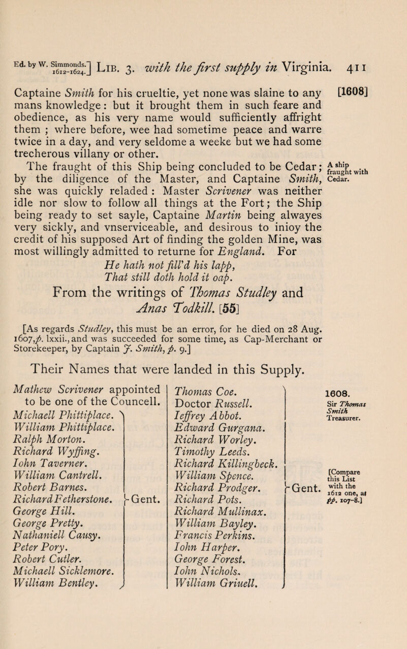 Captaine Smith for his crueltie, yet none was slaine to any [1608] mans knowledge: but it brought them in such feare and obedience, as his very name would sufficiently affright them ; where before, wee had sometime peace and warre twice in a day, and very seldome a weeke but we had some trecherous villany or other. The fraught of this Ship being concluded to be Cedar; ^asuh^twith by the diligence of the Master, and Captaine Smith, Cedar, she was quickly reladed : Master Scrivener was neither idle nor slow to follow all things at the Fort; the Ship being ready to set sayle, Captaine Martin being alwayes very sickly, and vnserviceable, and desirous to inioy the credit of his supposed Art of finding the golden Mine, was most willingly admitted to returne for England. For He hath not fill'd his lapp, That still doth hold it oap. From the writings of Thomas Studley and Anas Todkill. [55] [As regards Studley, this must be an error, for he died on 28 Aug. 1607,fl. lxxii., and was succeeded for some time, as Cap-Merchant or Storekeeper, by Captain J. Smith, p. 9.] Their Names that wer Mathew Scrivener appointed to be one of the Councell. Michaell Phittiplace. N William Phittiplace. Ralph Morton. Richard Wyjfing. Iohn Taverner. William Cantrell. Robert Barnes. Richard Fetherstone. [-Gent. George Hill. George Pretty. Nathaniell Causy. Peter Pory. Robert Cutler. Michaell Sicklemore. William Bentley. / i landed in this Supply. Thomas Coe. Doctor Russell. Ieffrey Abbot. Edward Gurgana. Richard Worley. Timothy Leeds. Richard Killingbeck. William Spence. Richard Prodger. l~Gent. Richard Pots. Richard Mullinax. William Bay ley. Francis Perkins. Iohn Harper. George Forest. Iohn Nichols. William Griuell. 1608. Sir Thomas Smith Treasurer. [Compare this List with the 1612 one, at PP. 107-8.]