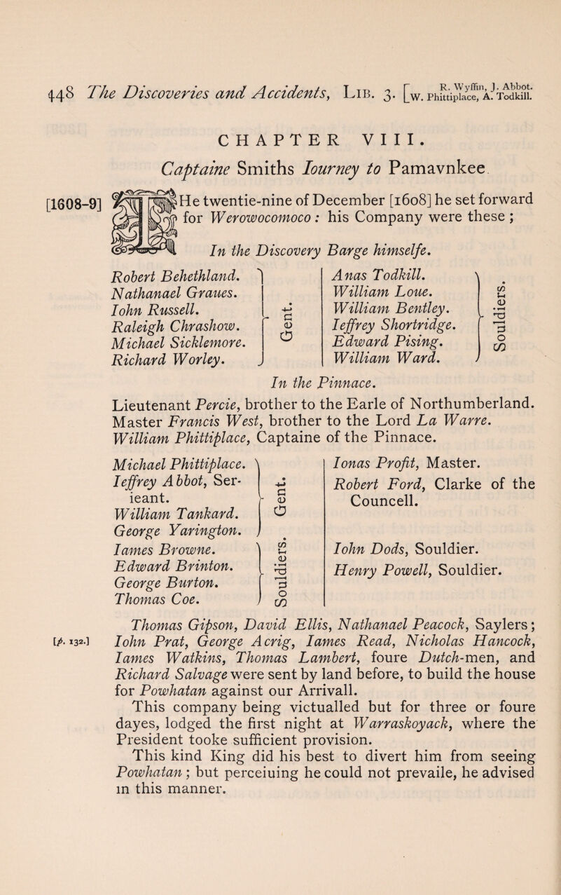 CHAPTER VIII. Captaine Smiths lourney to Pamavnkee He twentie-nine of December [1608] he set forward for Werowocomoco : his Company were these ; In the Discovery Barge himselfe. Robert Behethland. Nathanael Graues. Iohn Russell. ^ Raleigh Chrashow. ^ Michael Sicklemore. ^ Richard Worley. In the Lieutenant Percie, brother to the Earle of Northumberland. Master Francis West, brother to the Lord La Warre. William Phittiplace, Captaine of the Pinnace. Anas Todkill. William Loue. William Bentley. Iejfrey Shortridge. Edward Pising. William Ward. <Z) CD r 2 o CO Pinnace. Michael Phittiplace. N Iejfrey Abbot, Ser- ieant. William Tankard. George Yarington. , lames Browne. Edward Brinton. George Burton. [ Thomas Coe. ) G <D a w $-f <D • r*H 3 o cm lonas Profit, Master. Robert Ford, Clarke of the Councell. Iohn Dods, Souldier. Henry Powell, Souldier. Thomas Gipson, David Ellis, Nathanael Peacock, Saylers; [/. 132.] Iohn Prat, George Acrig, lames Read, Nicholas Hancock, lames Watkins, Thomas Lambert, foure Dutch-men, and Richard Salvage were sent by land before, to build the house for Powhatan against our Arrivall. This company being victualled but for three or foure dayes, lodged the first night at Warraskoyack, where the President tooke sufficient provision. This kind King did his best to divert him from seeing Powhatan ; but perceiuing he could not prevaile, he advised in this manner.