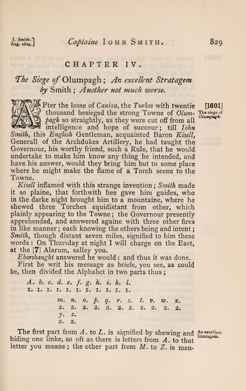 J. Smith .1 Aug. 1629. J Captaine John Smith. 829 CHAPTER IV. T'he Siege of Olumpagh; An excellent Stratagem by Smith ; Another not much worse. Fter the losse of Caniza, the Turkes with twentie thousand besieged the strong Towne of Olum¬ pagh so straightly, as they were cut off from all intelligence and hope of succour; till Iohn Smith, this English Gentleman, acquainted Baron Kisell, Generali of the Archdukes Artillery, he had taught the Governour, his worthy friend, such a Rule, that he would undertake to make him know any thing he intended, and have his answer, would they bring him but to some place where he might make the flame of a Torch seene to the Towne. Kisell inflamed with this strange invention; Smith made it so plaine, that forthwith hee gave him guides, who in the darke night brought him to a mountaine, where he shewed three Torches equidistant from other, which plainly appearing to the Towne; the Governour presently apprehended, and answered againe with three other fires in like manner; each knowing the others being and intent; Smith, though distant seven miles, signified to him these words : On Thursday at night I will charge on the East, at the [7] Alarum, salley you. Ebersbaught answered he would: and thus it was done. First he writ his message as briefe, you see, as could be, then divided the Alphabet in two parts thus; b» Cm dm e% P» gm hm 1m km L I. I. I. I. I. I. I. I. I. I. m. n. 0. p. q. r. s. t. V. W. X. 2. 2. 2. 2. 2. 2. 2. 2. 2. 2. 2. y. z. 2. 2. The first part from A. to L. is signified by shewing and hiding one linke, so oft as there is letters from A. to that letter you meane ; the other part from M. to Z. is men* [1601] The siege of Olumpagh. An excellent Stratagem.